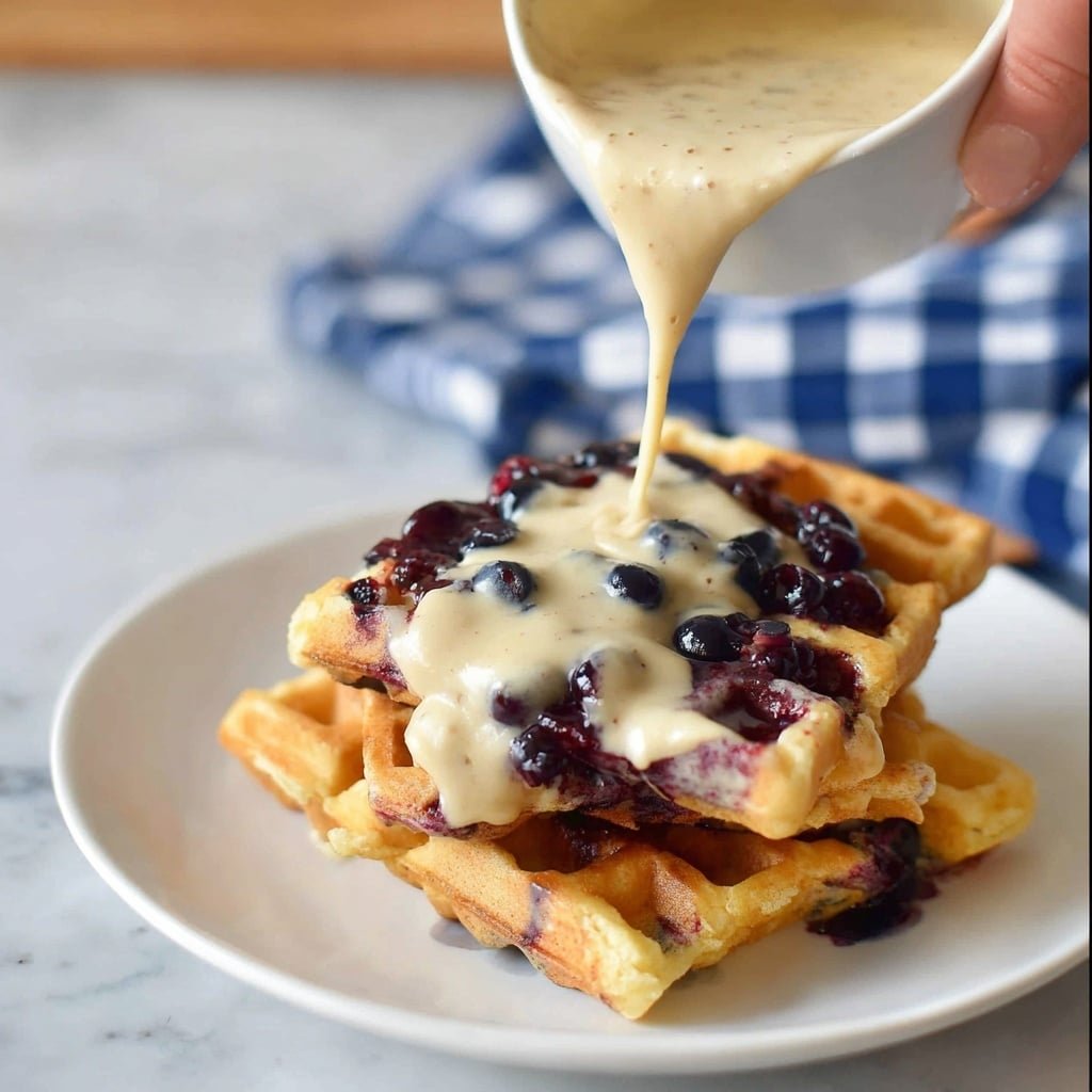 A white plate holds two stacked golden brown blueberry waffles with visible dark purple blueberries embedded throughout. A woman's hand pours a thick, creamy pale beige sauce with specks over the top waffle, covering some blueberries. The plate rests on a white marbled texture surface with a blue and white checkered cloth partially visible in the background. Photo taken with an iphone --ar 1:1 --v 7 — Quick Vanilla Waffle Sauce, vanilla waffle topping, easy waffle sauce, homemade waffle syrup, simple breakfast sauce