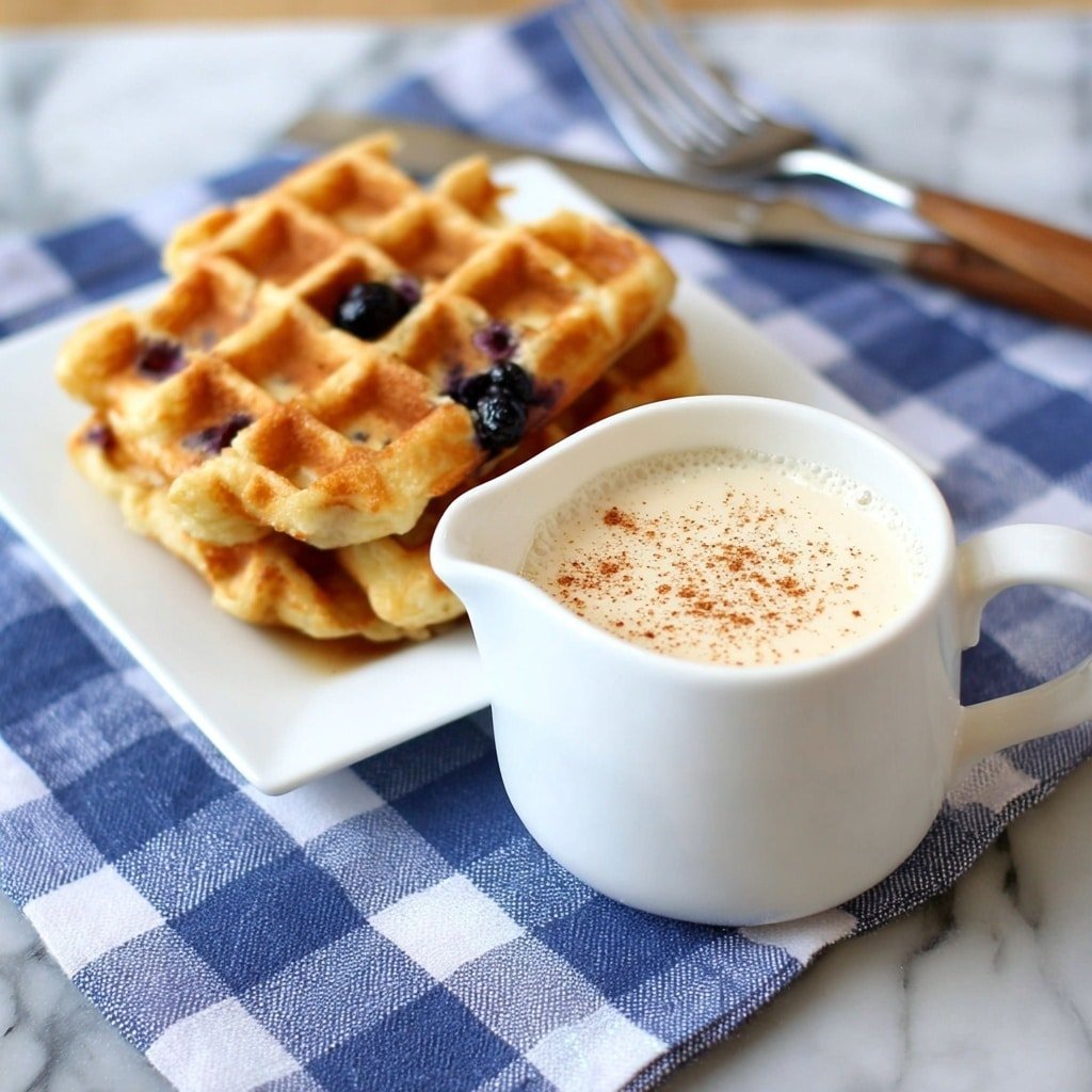 The image shows two pieces of blueberry waffles stacked on a white square plate. The waffles are golden brown with dark purple blueberry spots inside the batter. On top of the waffles is a thick layer of white creamy sauce with a sprinkling of light brown powder on it. Around the waffles and on the plate are several fresh blueberries. The plate is on a white marbled surface, and there is a blue and white checkered cloth in the background. photo taken with an iphone --ar 1:1 --v 7 — Quick Vanilla Waffle Sauce, vanilla waffle topping, easy waffle sauce, homemade waffle syrup, simple breakfast sauce