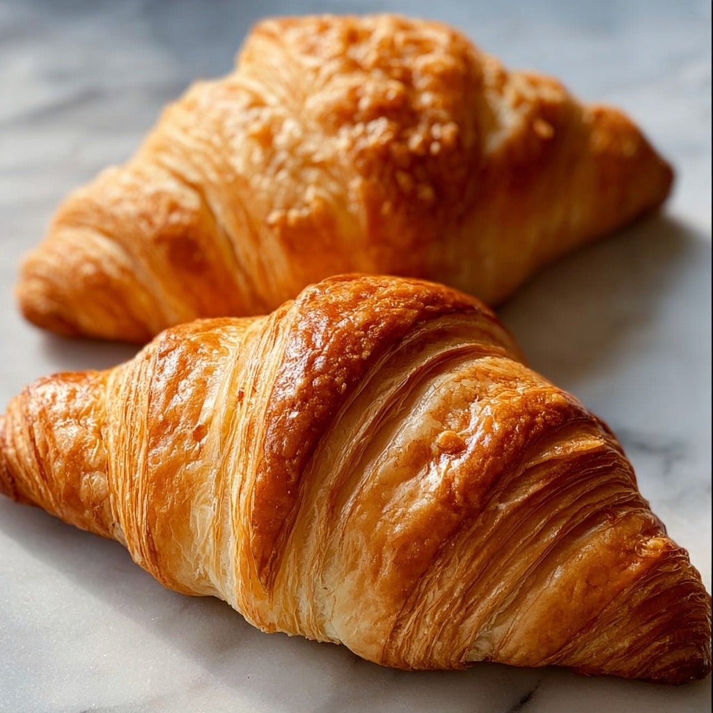 Five croissants rest on a metal cooling rack placed on a white cloth, all arranged close together. The croissants have multiple visible layers with a shiny, golden brown top layer showing crisp, flaky texture. Each croissant has a classic curved shape and the layers create a slightly striped pattern from the darker outer crust to lighter, soft inner dough. The background is a white marbled texture. photo taken with an iphone --ar 1:1 --v 7 — Homemade French Croissants, French Croissants Recipe, How to Make Croissants, Flaky Croissants at Home, French Pastry Baking