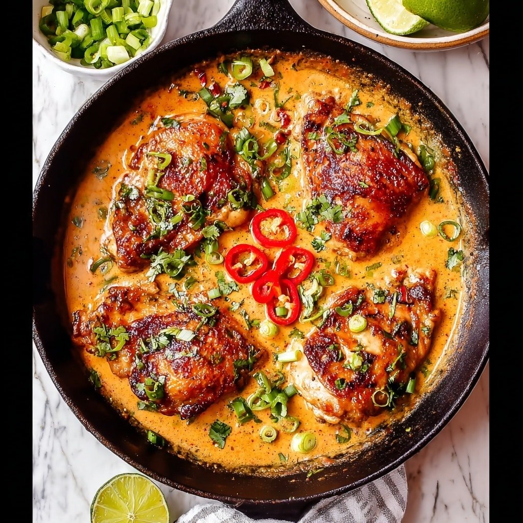 The image shows a black cast iron skillet filled with four pieces of golden brown cooked chicken thighs sitting in a rich, creamy orange sauce. The sauce looks smooth and thick, covering the base of the skillet around the chicken. Bright green chopped herbs and sliced green onions are sprinkled on top of the chicken and sauce, adding freshness and color. There are thin slices of red chili pepper placed in the center, giving a pop of red against the creamy sauce. The skillet rests on a white marbled textured surface, with a small white bowl of chopped green onions and a halved lime nearby. Photo taken with an iphone --ar 1:1 --v 7 — Creamy Coconut Milk Chicken, Coconut Milk Chicken Recipe, Easy Coconut Chicken Dinner, Comforting Coconut Chicken Dish, Quick Coconut Milk Chicken