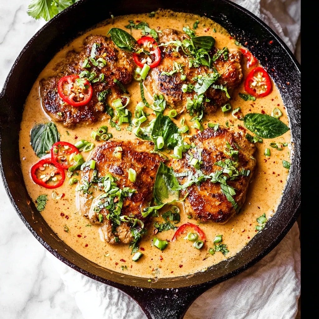 A black skillet holds six browned pieces of meat partially covered in a creamy orange sauce with a smooth texture. The meat pieces are arranged closely, showing crispy edges under the sauce. On top of the meat and sauce are scattered bright green chopped herbs and pale green slices of spring onions. In the middle of the skillet, red slices of chili peppers add color and some fresh green basil leaves for contrast. The skillet sits on a white marbled surface with a lime wedge and small blue bowls with red sauce in the background, all softly out of focus. Photo taken with an iphone --ar 1:1 --v 7 — Creamy Coconut Milk Chicken, Coconut Milk Chicken Recipe, Easy Coconut Chicken Dinner, Comforting Coconut Chicken Dish, Quick Coconut Milk Chicken
