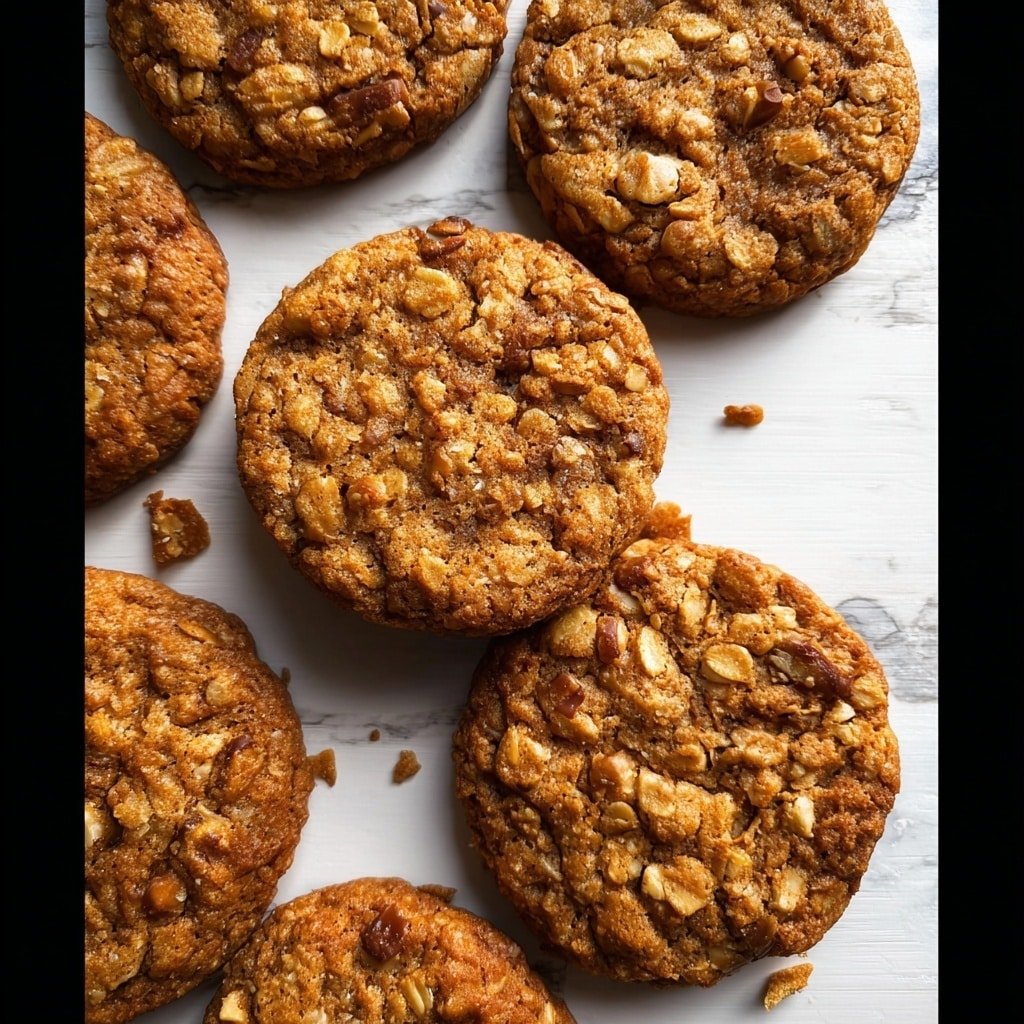 Several round oatmeal cookies with a rich golden brown color sit scattered on a white marbled surface. Each cookie is textured with visible oats and pieces of nuts embedded throughout, showing light tan and deeper brown shades. The cookies have an uneven, slightly rough surface with small crumb pieces around them, adding to their rustic look. Photo taken with an iphone --ar 1:1 --v 7 — Maple Pecan Oatmeal Cookies, easy maple pecan cookies, homemade oatmeal cookies with pecans, comforting cookie recipes, oat and pecan cookie ideas