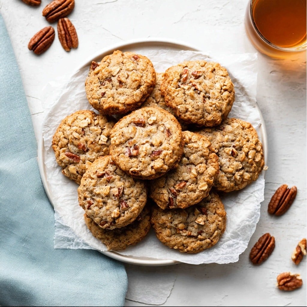 The image shows a stack of five round oatmeal cookies with uneven edges, beige and light brown in color with visible oats and nut pieces spread throughout each cookie. The stack is placed on a white parchment paper on top of a metal cooling rack with a wooden base underneath. In front of the stack, there is one cookie broken in half, showing the soft inside texture with more oats and nuts. A blue cloth can be seen behind the cookies on a white marbled surface. Photo taken with an iphone --ar 1:1 --v 7 — Maple Pecan Oatmeal Cookies, easy maple pecan cookies, homemade oatmeal cookies with pecans, comforting cookie recipes, oat and pecan cookie ideas