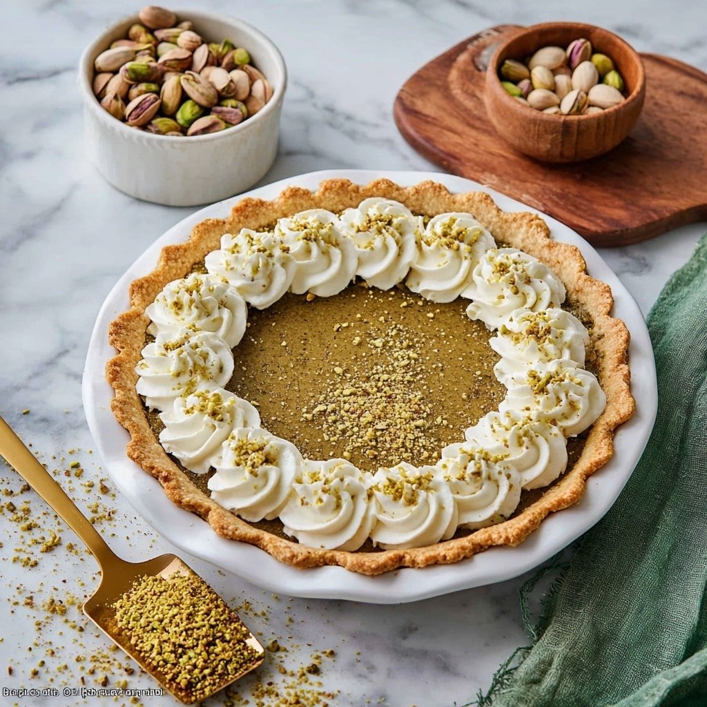 A pistachio pie sits on a white plate with a crimped, golden-brown crust forming the base layer. The filling is a smooth, greenish-brown pistachio mixture that fills the pie. On top, there are evenly spaced swirls of white whipped cream around the pie's edge, each topped with a sprinkling of crushed pistachios. The pie is on a white marbled texture surface next to a green cloth. Nearby, a small white bowl filled with whole pistachios rests on a wooden board, along with a wooden-handled gold spatula. A small wooden bowl of crushed pistachios sits close to the pie with some pistachio crumbs scattered around. Photo taken with an iphone --ar 1:1 --v 7 — Pistachio Custard Pie, pistachio pie recipe, easy pistachio pie, holiday pistachio dessert, creamy pistachio custard pie