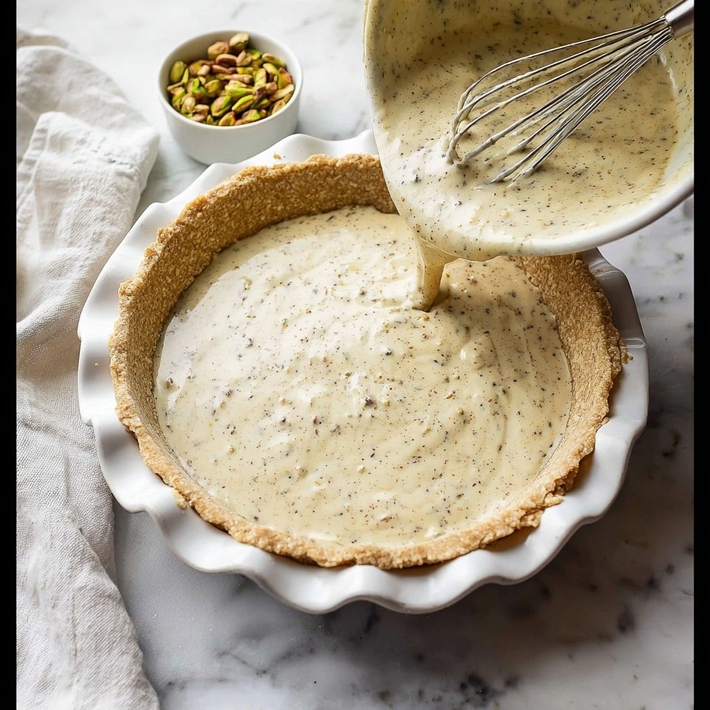 The image shows a close-up of a slice of cream-colored pie with a crumbly light brown crust on the bottom and edges. The pie filling is pale yellow with visible small nut pieces throughout. On top, there are thick swirls of white whipped cream sprinkled with green crushed pistachios. The slice is being lifted, revealing a white pie plate beneath that holds the pie, with some crumbs scattered around. The background is a white marbled texture with another white bowl filled with chopped pistachios blurred out. Photo taken with an iphone --ar 1:1 --v 7 — Pistachio Custard Pie, pistachio pie recipe, easy pistachio pie, holiday pistachio dessert, creamy pistachio custard pie