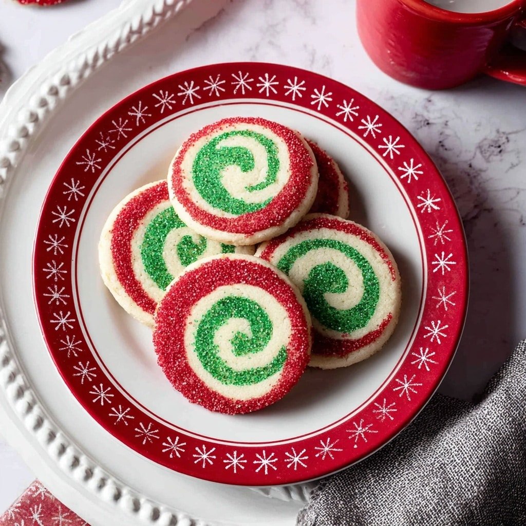 A white plate with red snowflake patterns around the rim is filled with several round spiral cookies, each cookie showing three layers of swirl in green, white, and red colors, with green in the center, white in the middle, and red on the outer edge. The red edge is coated with small sprinkles. The plate sits on a larger white plate with a raised dotted edge, painted red. To the top right, a red cup is partially visible, and the background is a white marbled surface with a small part of a gray cloth at the bottom right. photo taken with an iphone --ar 1:1 --v 7 — Festive Christmas Pinwheel Cookies, holiday swirl cookies, holiday cookies recipe, Christmas cookie ideas, easy festive cookies