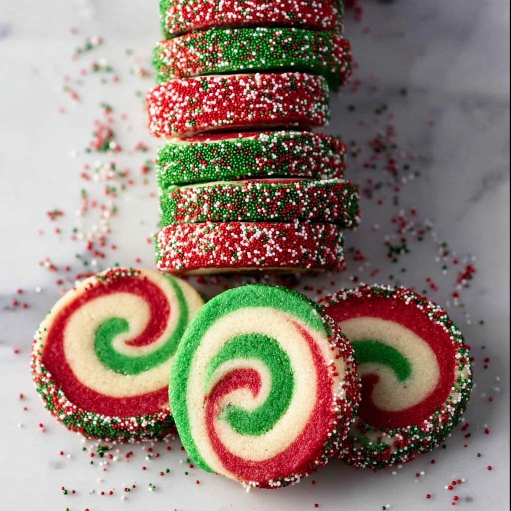 The image shows multiple stacks of round swirl cookies on a white marbled surface. Each cookie has three layers forming a spiral: a green inner layer, a white middle layer, and a bright red outer layer. The cookies' edges are rolled in small, round sprinkles colored red, white, and green, adding texture and color. The stacks contain about ten cookies each, with a few cookies laid out flat in front, showing the spiral pattern clearly. Photo taken with an iphone --ar 1:1 --v 7 — Festive Christmas Pinwheel Cookies, holiday swirl cookies, holiday cookies recipe, Christmas cookie ideas, easy festive cookies