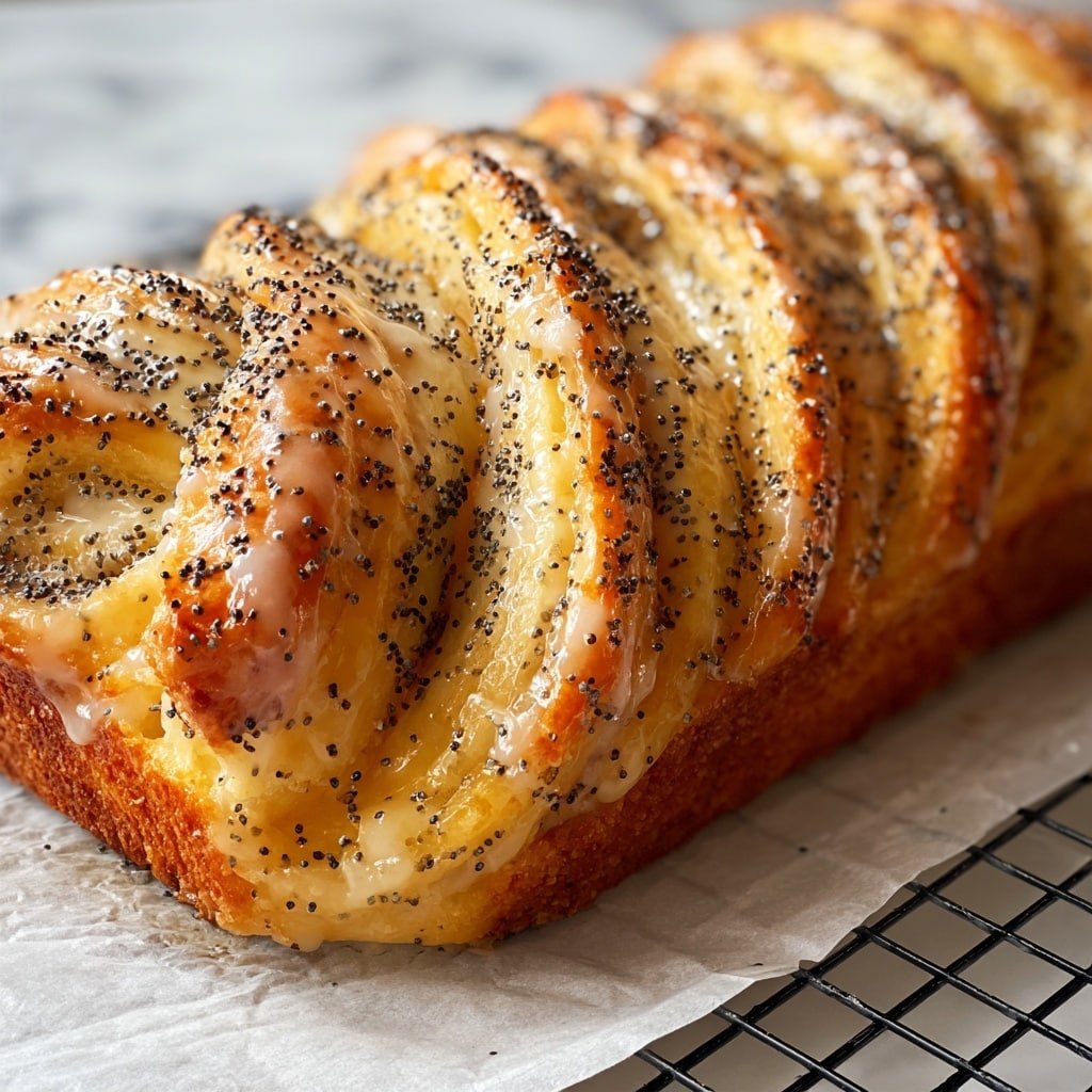 A golden-brown braided pastry with many twisted layers is shown close-up, each layer shining with a sticky glaze and sprinkled evenly with tiny black poppy seeds. The layers look soft and flaky with a light, creamy filling peeking out between the folds. The pastry rests on white marbled paper over a metal cooling rack that creates a grid pattern underneath. The overall picture focuses on the glossy texture and the contrast between the poppy seeds and the pale dough. Photo taken with an iphone --ar 1:1 --v 7 — Lemon Poppy Seed Pull-Apart Bread, Lemon Poppy Seed Bread, Easy Lemon Poppy Seed Pull-Apart, Citrus Pull-Apart Bread, Breakfast Pull-Apart Bread