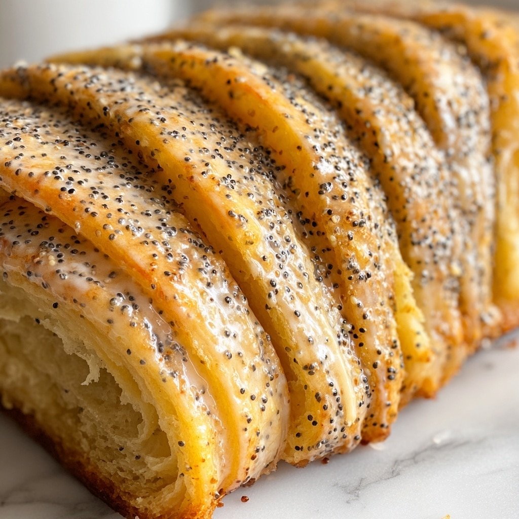 The image shows a close-up of a golden brown pastry with about seven visible curved layers. Each layer is light golden on the inside with a slightly crispy, darker golden outside edge. The surface is sprinkled with small black poppy seeds and covered in a glossy, translucent glaze that gives the pastry a shiny and slightly wet look. The pastry sits on a white marbled surface, highlighting its texture and colors clearly. photo taken with an iphone --ar 1:1 --v 7 — Lemon Poppy Seed Pull-Apart Bread, Lemon Poppy Seed Bread, Easy Lemon Poppy Seed Pull-Apart, Citrus Pull-Apart Bread, Breakfast Pull-Apart Bread
