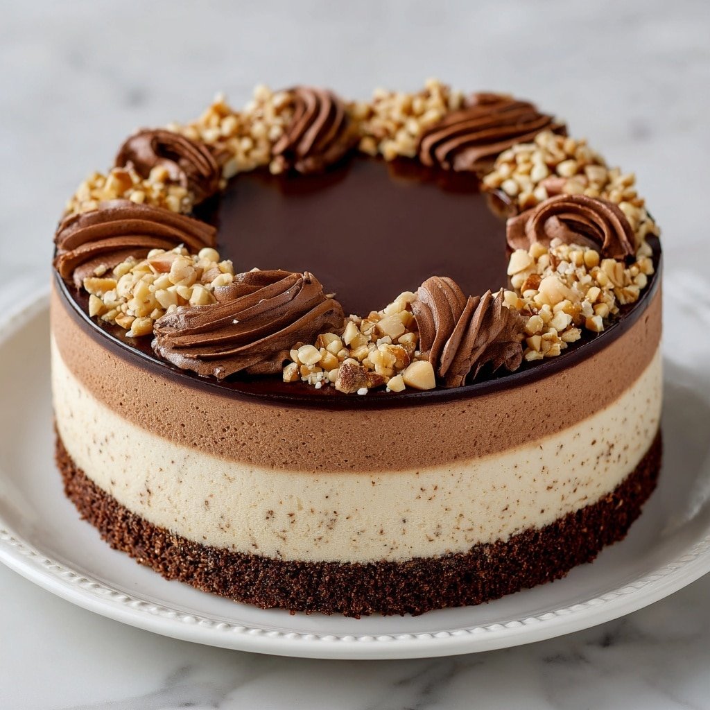 A slice of cake sits on a white plate with a detailed edge. The cake has four layers: a dark brown crumbly base, a thick smooth milk chocolate layer above it, then a creamy light beige layer mixed with small brown bits, and a glossy dark chocolate top layer. On top of the cake, there is a decorative swirl of dark chocolate cream and small light brown nut pieces sprinkled around the edge. A fork lies next to the slice on the plate. The surface beneath the plate has a white marbled texture. Photo taken with an iphone --ar 1:1 --v 7 — German Chocolate Cheesecake, German Chocolate Cheesecake recipe, chocolate coconut cheesecake, Southern dessert recipes, easy cheesecake with coconut and pecan