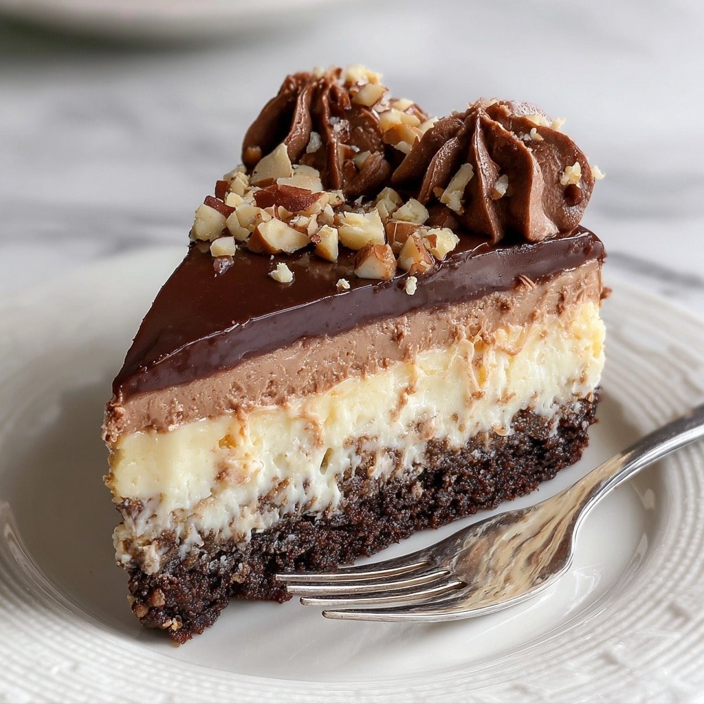 This dessert is a three-layer chocolate cake on a white, detailed cake stand. The bottom layer is dark and crumbly, with a rough texture that looks like crushed cookies. The middle layer is thick and light brown, smooth with small chocolate chunks mixed inside. The top layer is a glossy dark chocolate glaze that drips down the sides of the cake. Around the edge of the top, there are evenly spaced swirls of light brown chocolate cream. In the center, there are small curls of dark chocolate scattered for decoration. One slice is missing showing the inside layers clearly. The background and surface have a white marbled texture. Photo taken with an iphone --ar 1:1 --v 7 — German Chocolate Cheesecake, German Chocolate Cheesecake recipe, chocolate coconut cheesecake, Southern dessert recipes, easy cheesecake with coconut and pecan