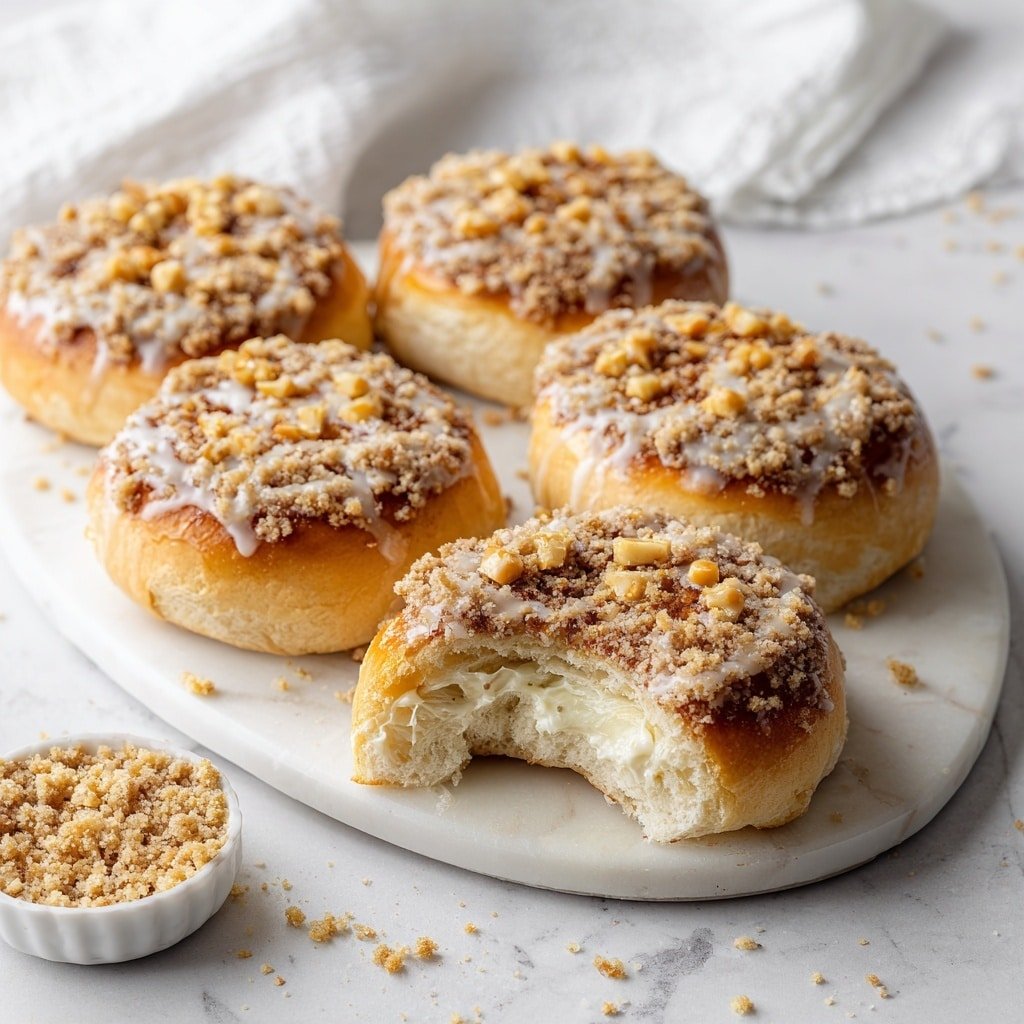 The image shows five round, soft buns on a white marbled oval plate placed on a white marbled surface. Each bun has a golden brown top with a thick layer of crumbly streusel topping and small chunks of light brown fruit on top. There is a white glaze drizzled over the buns. One bun in the front has a large bite taken from it, revealing a soft, fluffy, pale inside with a creamy filling layer near the top. There are crumbs scattered around the plate and on the surface, with a small white bowl filled with crumbled topping near the bottom left corner. A white cloth is casually placed in the background. Photo taken with an iphone --ar 1:1 --v 7 — Apple Cheesecake Streusel Buns, apple cheesecake buns, cinnamon apple buns with streusel, easy apple breakfast buns, fall dessert buns