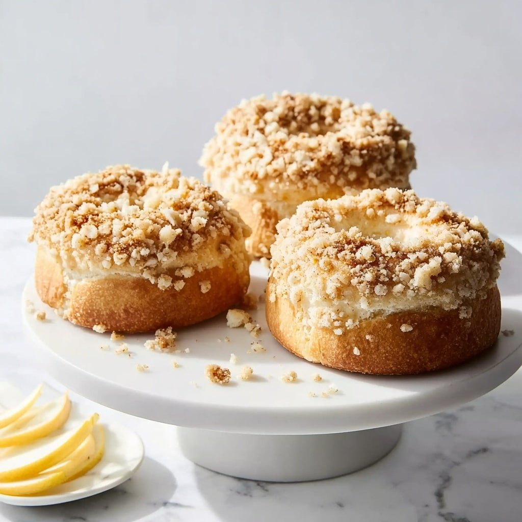 Three round bagels rest on a white cake stand on a white marbled surface. Each bagel has a shiny golden-brown top covered in a crumbly streusel topping with bits of nuts and sugar. One bagel is broken in half, showing a soft, light, and airy inside texture. Small crumbs are scattered around the bagels on the white marbled surface. Two slices of a pale yellow fruit, likely apple, are placed near the base of the cake stand. The whole scene is lit with soft, natural light, making the textures clear and inviting. Photo taken with an iphone --ar 1:1 --v 7 — Apple Cheesecake Streusel Buns, apple cheesecake buns, cinnamon apple buns with streusel, easy apple breakfast buns, fall dessert buns