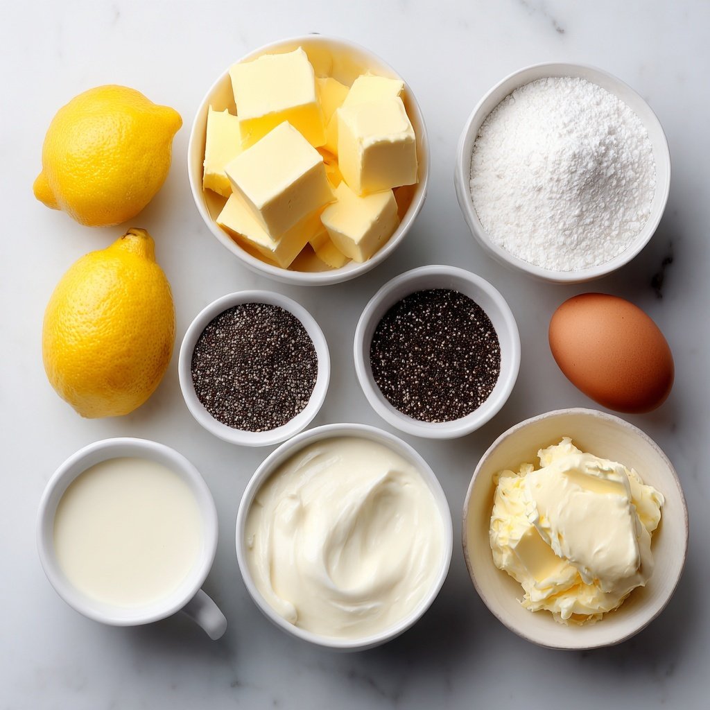 Flat lay of a small white bowl filled with bright yellow lemon cake cubes, another small white bowl containing shiny black poppy seeds, a small white bowl with granulated white sugar, a small white bowl holding thick heavy cream, a small white bowl with whole milk, a whole lemon with bright yellow peel, two whole uncracked brown eggs, and a small white bowl of clear vanilla extract, all ingredients fresh and natural, perfectly balanced and symmetrically arranged in a clean minimal style, placed on a clean white marble surface, soft natural light, photo taken with an iPhone, professional food photography style, fresh ingredients, white ceramic bowls, no bottles, no duplicates, no utensils, no packaging --ar 1:1 --v 7 --p m7354639359234015250 — Lemon Poppyseed Ice Cream, lemon ice cream with poppyseeds, homemade lemon poppyseed dessert, lemon zest ice cream recipe, refreshing summer lemon ice cream