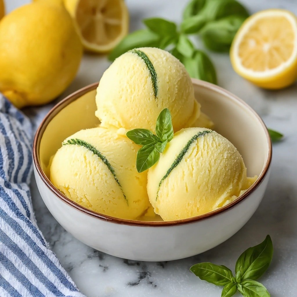 The image shows four yellow ice cream scoops in a white bowl with subtle vertical lines, each scoop having a single thick green stripe running through the middle, adding contrast and texture. The ice cream looks creamy and smooth with small frost crystals on the surface. There are a few small basil leaves placed inside the bowl next to the ice cream scoops for decoration. The bowl sits on a blue and white striped cloth with a white marbled surface underneath. There is a blurred lemon and green leaves in the background. photo taken with an iphone --ar 1:1 --v 7 — Lemon Basil Sorbet, lemon basil sorbet recipe, homemade lemon basil sorbet, summer lemon basil dessert, refreshing lemon basil frozen treat
