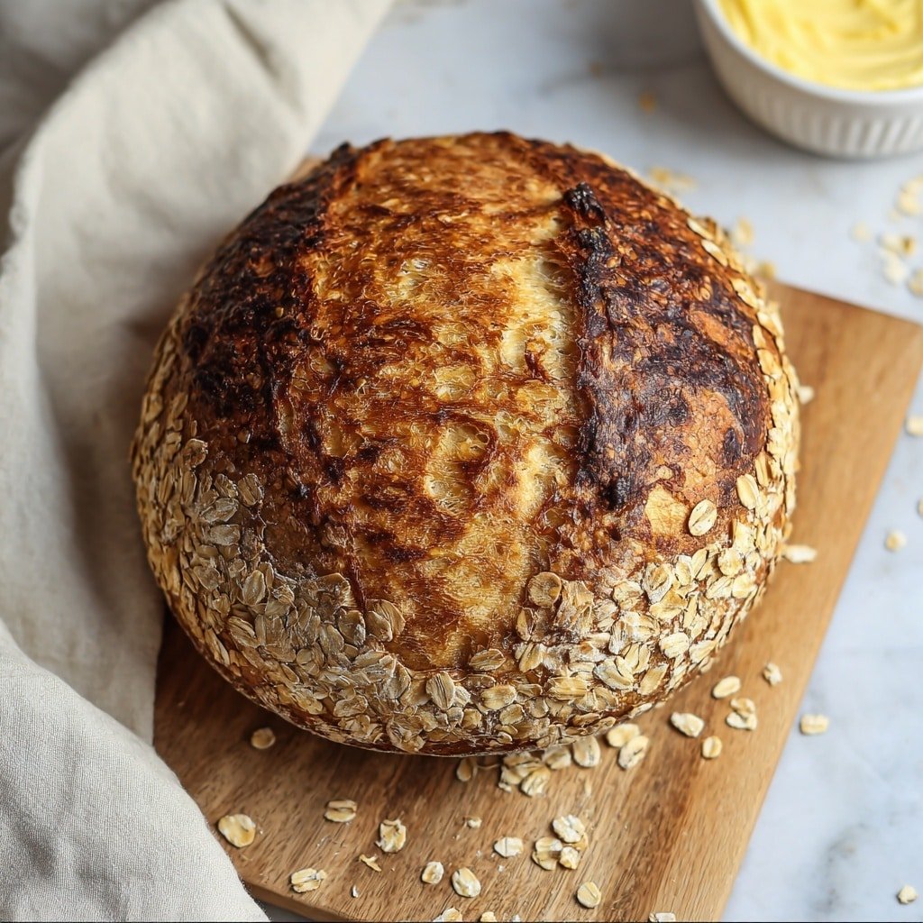 A round loaf of bread with a deep golden brown crust that looks crispy and textured is shown on a wooden board. The crust has darker toasted spots, giving it a rustic look. One side of the loaf is covered in a thick layer of light beige oats, adding a rough texture. Loose oats are scattered around the loaf on the wooden board. A soft white cloth is partially visible on the left side, adding a cozy feel to the scene. A small white bowl with a creamy yellow spread is partly visible on the upper right on a white marbled surface. Photo taken with an iphone --ar 1:1 --v 7 — Honey Oat Sourdough Bread, Sourdough Bread with Honey and Oats, Homemade Honey Oat Bread, Rustic Honey Oat Sourdough, Easy Honey Oat Bread Recipe
