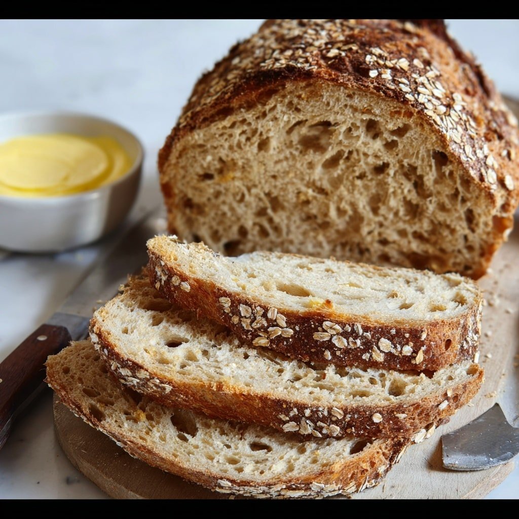 A single slice of toasted multigrain bread sits centered on a white fluted plate, showing a rich golden-brown color with some darker charred edges and visible air pockets. Behind the plate, a thick loaf of the same bread is partially sliced, with a light beige crumb and scattered oats embedded in the surface. To the left of the plate, a small white bowl holds smooth, pale yellow butter with a soft texture, beside a white ceramic container mostly out of frame. The scene rests on a wooden board on top of a white marbled surface, with a few oats scattered around for decoration. Photo taken with an iphone --ar 1:1 --v 7 — Honey Oat Sourdough Bread, Sourdough Bread with Honey and Oats, Homemade Honey Oat Bread, Rustic Honey Oat Sourdough, Easy Honey Oat Bread Recipe