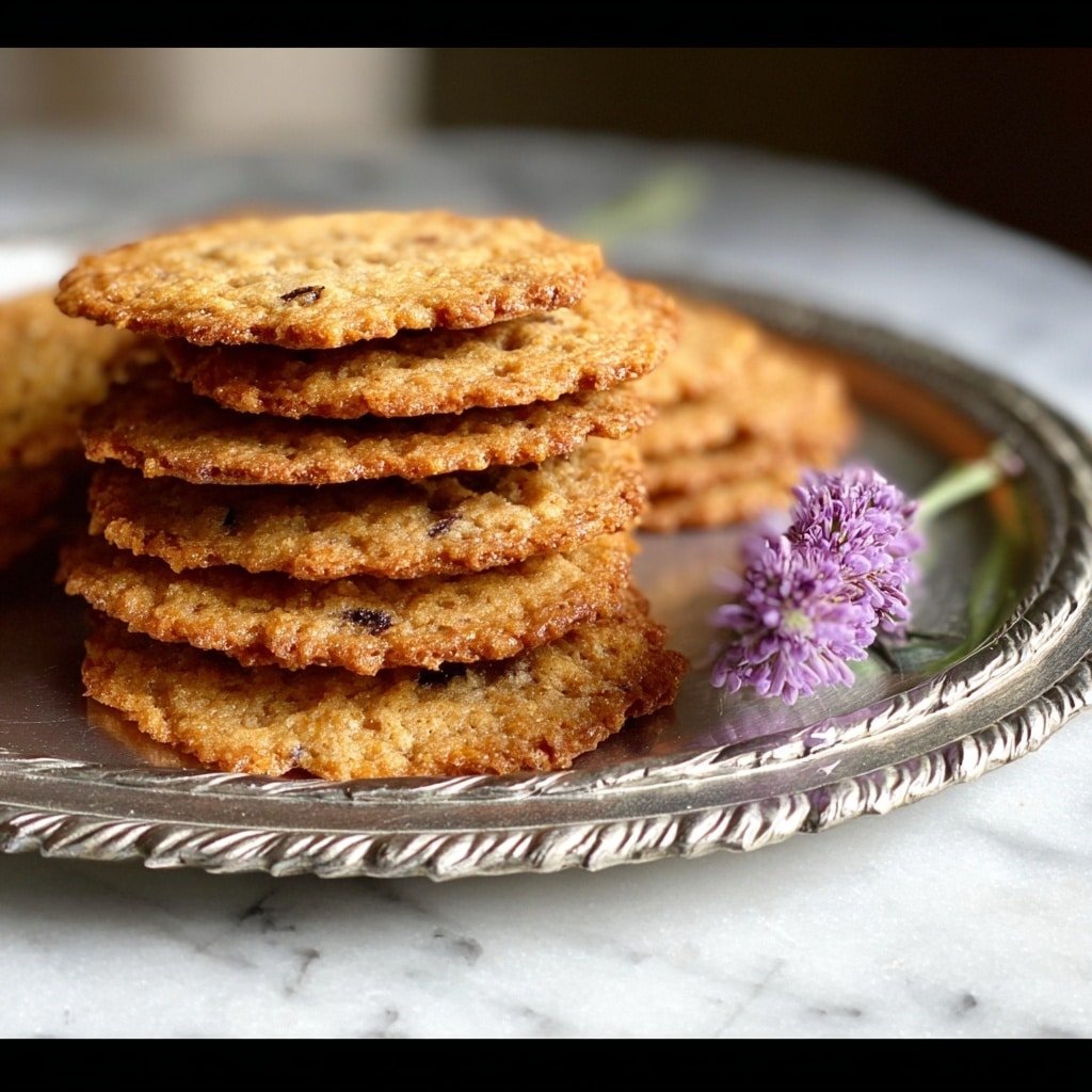 There is one pile of golden-brown cookies stacked unevenly on a silver tray. The cookies are thin with a crisp texture and small dark spots, likely raisins or chocolate bits, scattered throughout. A purple flower with a small green stem lies near the cookies on the right side of the tray. The tray is placed on a white marbled surface with a blurred background. Photo taken with an iphone --ar 1:1 --v 7 — Cherry Pecan Oatmeal Cookies, Cherry Pecan Cookies, Oatmeal Cookie Recipe, Homemade Cherry Cookies, Pecan Cookies with Cherry