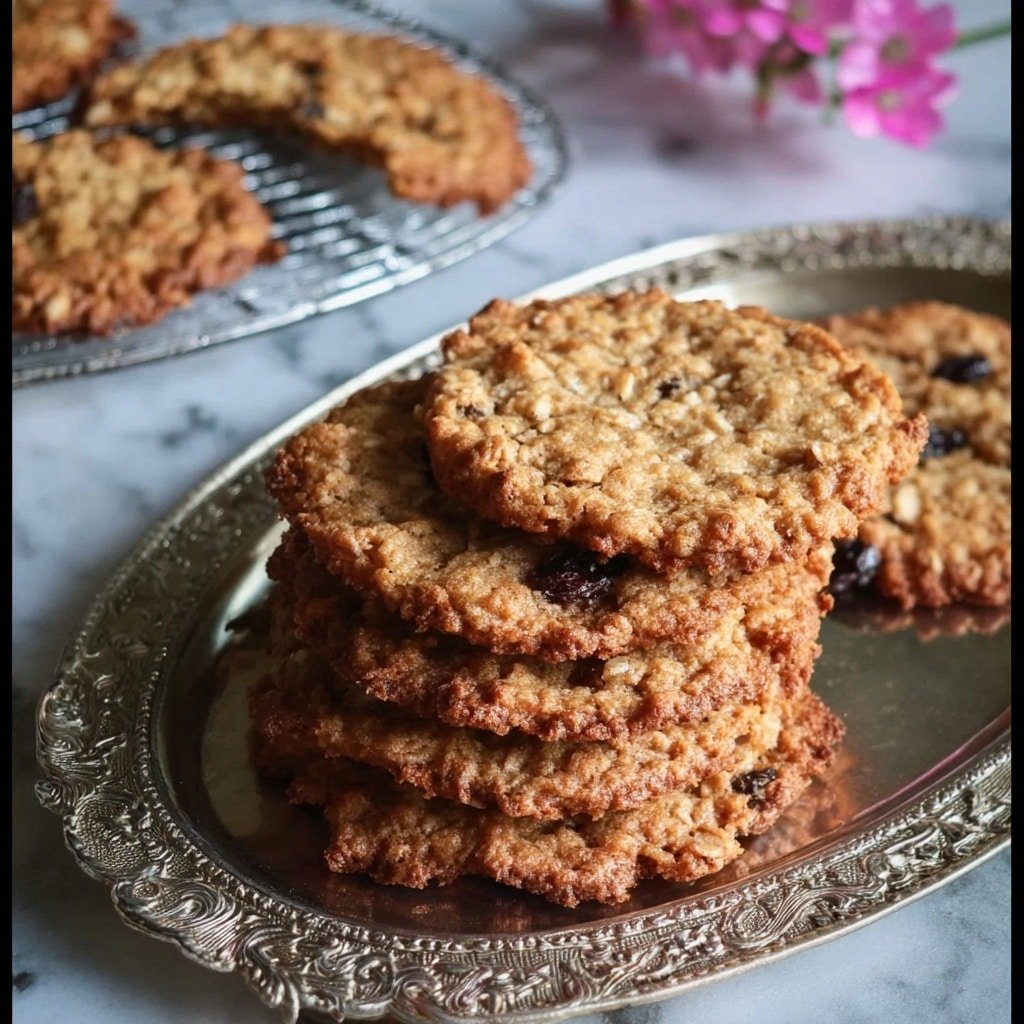 On a silver tray, there are two rows of thin, round oatmeal cookies with a golden brown color and visible oat and raisin texture. The front row has four cookies slightly overlapping each other, while the back row shows another set of cookies stacked behind. To the side, bright pink flowers lie next to the cookies, adding a soft contrast. In the background, there is a blurry glass jar with creamy white contents. The surface is a white marbled texture. Photo taken with an iphone --ar 1:1 --v 7 — Cherry Pecan Oatmeal Cookies, Cherry Pecan Cookies, Oatmeal Cookie Recipe, Homemade Cherry Cookies, Pecan Cookies with Cherry