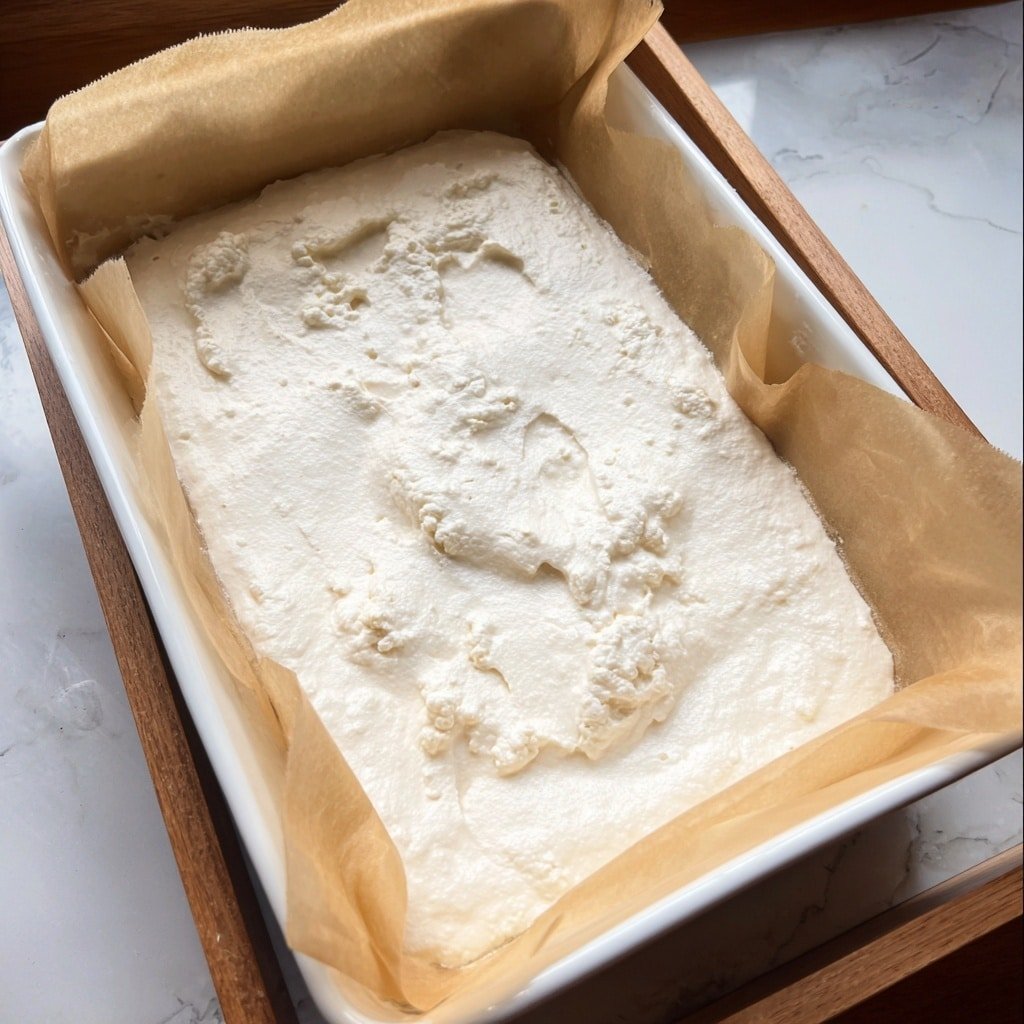 A white rectangular baking dish lined with light brown parchment paper holds a single thick layer of off-white, fluffy, and slightly uneven batter or cream. The texture of the batter appears smooth with some rough, lumpy areas and small air bubbles scattered across the surface. The dish sits on a white marbled surface, and part of a wooden box is visible in the background. Photo taken with an iphone --ar 1:1 --v 7 — Homemade Marshmallows with Maple Syrup, marshmallow recipe with maple syrup, fluffy homemade marshmallows, cozy fall treats, homemade sweet treats