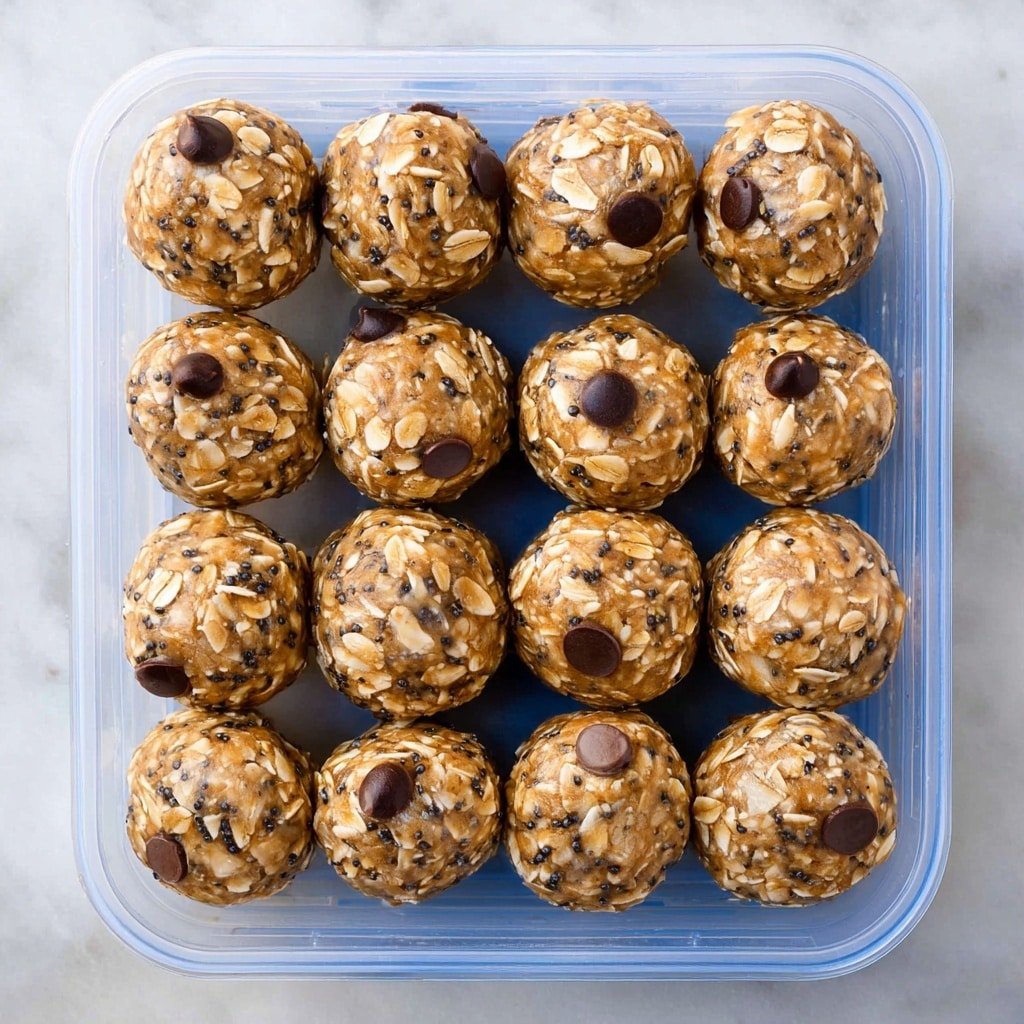The image shows twelve round energy balls arranged in a 4x3 grid inside a clear container. Each ball is light brown with visible layers of rolled oats, small dark chocolate pieces, and tiny black chia seeds spread evenly throughout. The surface of each ball is textured with the oats sticking out slightly, and the chocolate chips are scattered on the outside, pressed lightly into the balls. The container sits on a white marbled surface. photo taken with an iphone --ar 1:1 --v 7 — Healthy Peanut Butter Energy Balls, nutritious snack recipes, easy no-bake energy bites, healthy snack ideas, quick protein balls