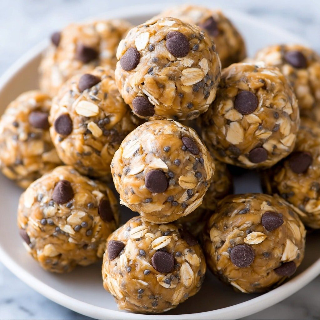 A white plate is filled with round snack balls made from oats and peanut butter, each bite-sized ball studded with several dark chocolate chips on its rough, textured surface. The balls are stacked slightly on top of each other, showing visible oats and tiny seeds mixed in, with a golden brown and beige mix of colors. The plate sits on a white marbled surface. photo taken with an iphone --ar 1:1 --v 7 — Healthy Peanut Butter Energy Balls, nutritious snack recipes, easy no-bake energy bites, healthy snack ideas, quick protein balls