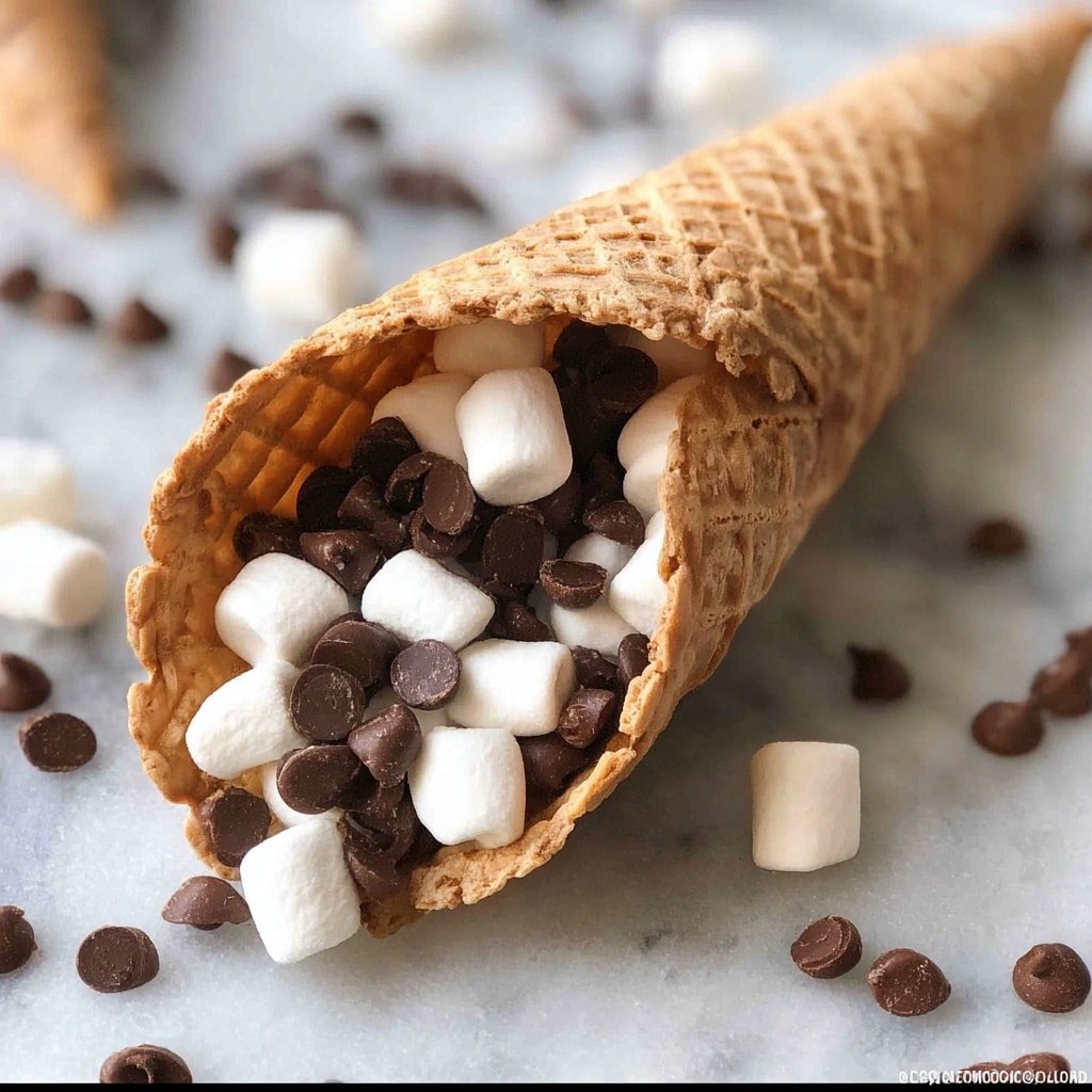 A light brown waffle cone lies on its side on a white marbled surface, filled with soft white mini marshmallows and dark, shiny chocolate chips that are slightly melted, creating a rich texture; scattered chocolate chips and marshmallows surround the cone, adding depth to the scene. photo taken with an iphone --ar 1:1 --v 7 — S'mores Cone Recipe, easy s'mores cones, campfire dessert ideas, chocolate marshmallow cones, fun dessert for gatherings