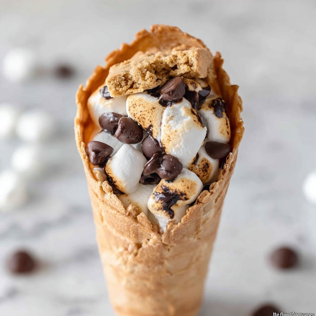 This image shows a close-up of a small tart shell filled with layers of dark brown chocolate chips and white mini marshmallows piled on top. The tart shell is a light golden brown with a slightly rough texture. Around the tart, there are scattered white mini marshmallows and chocolate chips resting on a white marbled surface. The photo has soft, natural lighting that highlights the textures and colors clearly, photo taken with an iphone --ar 1:1 --v 7 — S'mores Cone Recipe, easy s'mores cones, campfire dessert ideas, chocolate marshmallow cones, fun dessert for gatherings