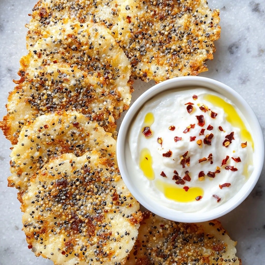 The image shows several round, flat, light golden-white snacks scattered around a small white bowl filled with thick white creamy dip. Each snack has a slightly crispy edge with a textured surface covered in tiny black, white, and light brown seeds and bits. The dip is smooth and topped with a drizzle of yellow oil and small red chili flakes. The whole setting is placed on a white marbled surface. photo taken with an iphone --ar 1:1 --v 7 — Cottage Cheese Chips with Bagel Seasoning, healthy snack ideas, homemade snack recipes, savory chip recipes, easy oven-baked chips