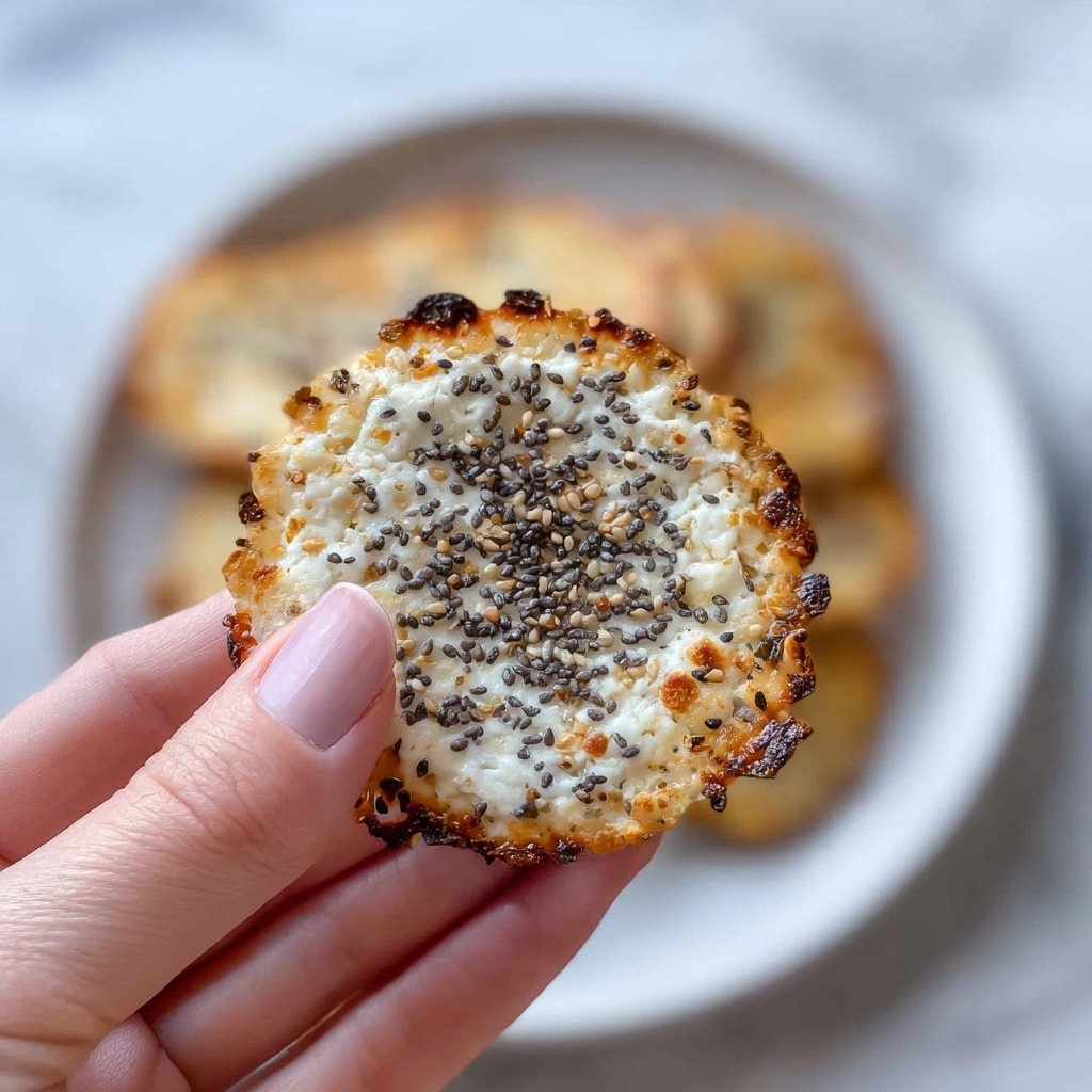 A white plate with several thin, round, crispy flatbreads topped with black and white seeds and small bits of golden-brown toasted garlic, arranged in a pile mostly on the right side of the plate; on the left side, a small silver bowl filled with thick white yogurt topped with a drizzle of golden olive oil and a sprinkle of red chili flakes sits next to the flatbreads on a white marbled surface photo taken with an iphone --ar 1:1 --v 7 — Cottage Cheese Chips with Bagel Seasoning, healthy snack ideas, homemade snack recipes, savory chip recipes, easy oven-baked chips