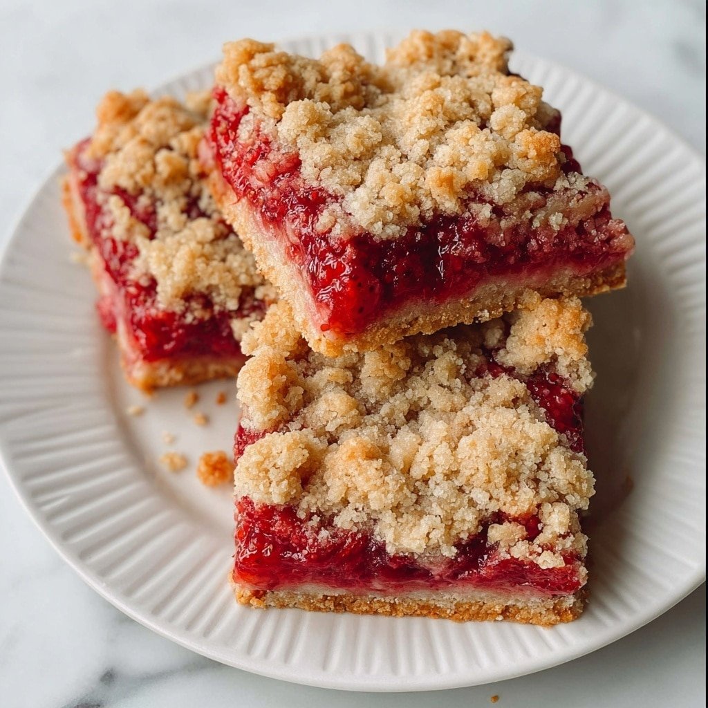 Three square pieces of strawberry crumb bars sit on a white plate with a ridged edge, placed on a white marbled surface. Each bar has a thick layer of bright red strawberry filling in the middle with a lightly golden crumb layer on top and bottom. The crumb layer looks rough and grainy, with oat pieces visible. The crumb topping is uneven, exposing patches of the juicy red strawberry layer underneath. Some crumbs have fallen next to the plate. The photo taken with an iphone --ar 1:1 --v 7 — Healthy Oatmeal Strawberry Bars, strawberry bar recipe, wholesome breakfast bars, homemade oatmeal bars, easy fruit bar recipe