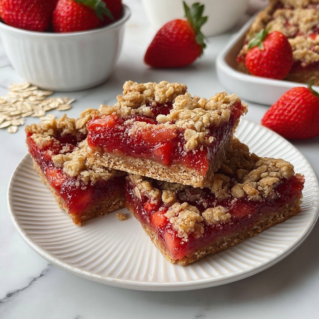The image shows three square pieces of oat crumble strawberry bars on a white plate with ridged edges. Each bar has three visible layers: a light golden brown crust on the bottom, a bright red strawberry jam layer in the middle, and a crumbly oat topping with a golden tan color and bits of oats on top. The plate is set on a white marbled surface, with scattered oat flakes around it. Nearby, there is a small white bowl filled with dry oats and a white bowl filled with fresh red strawberries, with one halved strawberry resting on the surface. photo taken with an iphone --ar 1:1 --v 7 — Healthy Oatmeal Strawberry Bars, strawberry bar recipe, wholesome breakfast bars, homemade oatmeal bars, easy fruit bar recipe