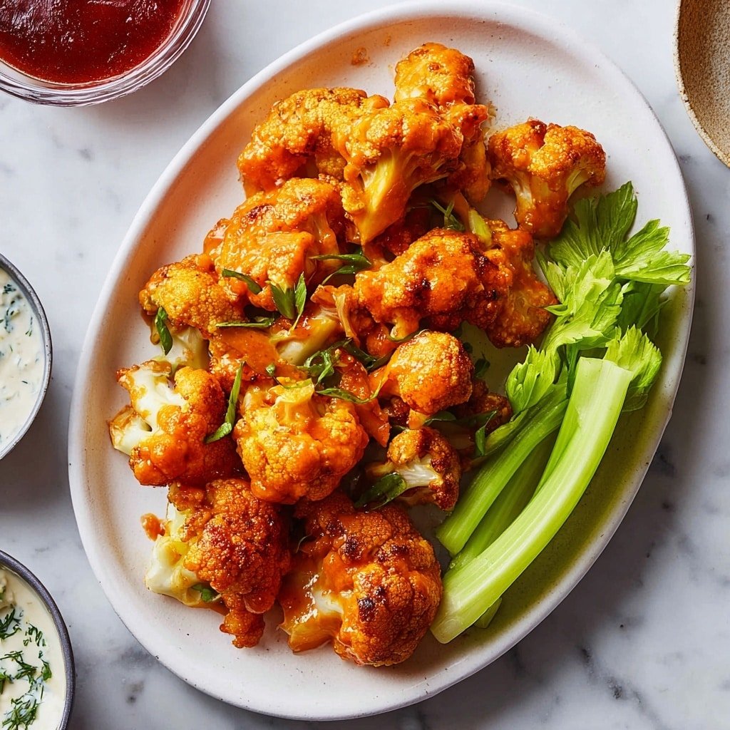 A white oval plate holds about a dozen pieces of cauliflower coated in a bright orange sauce, arranged in a loose pile covering most of the plate. To the right side of the plate, there are three fresh celery sticks with leafy tops, their green color contrasting with the orange cauliflower. Around the plate on a white marbled surface, there are small bowls partly visible, one with a creamy white sauce speckled with green herbs and another with a deep red sauce. The overall look is colorful and appetizing, with the cauliflower showing some browned spots. Photo taken with an iphone --ar 1:1 --v 7 — Air Fryer Buffalo Cauliflower, crispy buffalo cauliflower, healthy cauliflower appetizer, buffalo cauliflower snack, easy air fryer cauliflower