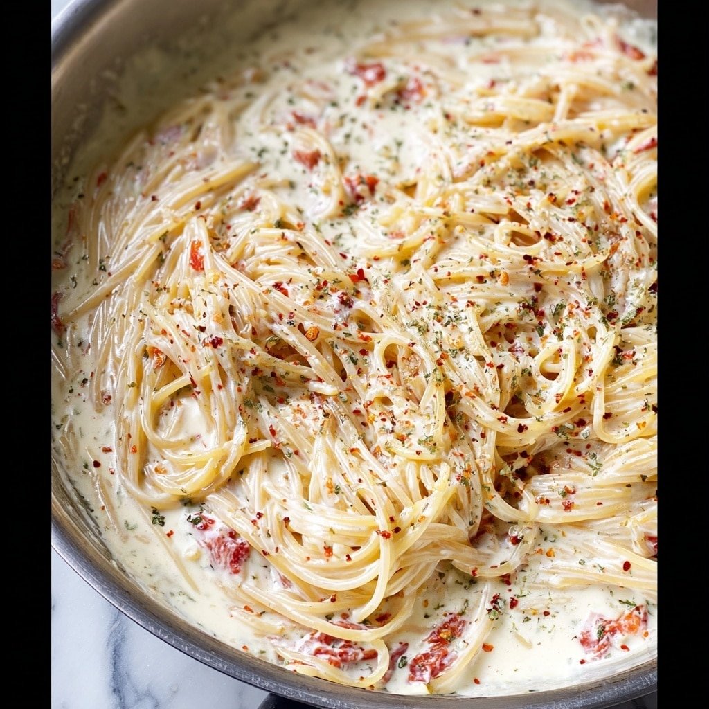 A close-up of creamy pasta in a pan showing one main layer of thin spaghetti noodles coated in a smooth white sauce with small red tomato pieces mixed inside. The sauce looks rich and creamy, sprinkled evenly with dried herbs and red chili flakes for a pop of color and texture. The noodles are softly twisted, and the background has a white marbled texture, highlighting the pasta's creamy, slightly shiny surface. photo taken with an iphone --ar 1:1 --v 7 — Sun-Dried Tomato Pasta, easy sun-dried tomato pasta, quick pasta with sun-dried tomatoes, flavorful pasta recipes, simple weeknight pasta