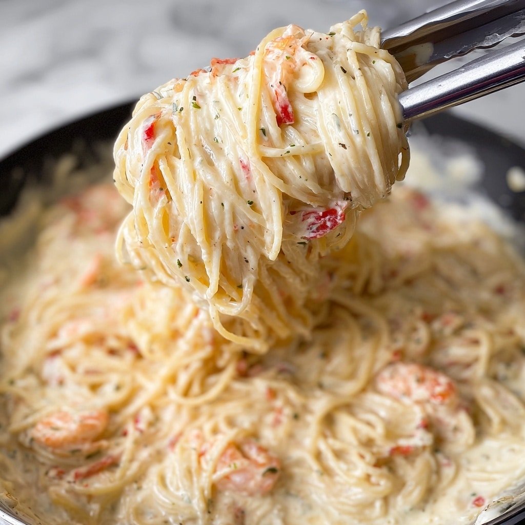 A close-up of creamy spaghetti lifted by a fork with woman's hand, showing one layer of thin pasta strands coated in a thick, pale yellow sauce mixed with small bits of seasoning and red pieces, with the background filled with the same creamy pasta in a pan, placed on a white marbled surface. photo taken with an iphone --ar 1:1 --v 7 — Sun-Dried Tomato Pasta, easy sun-dried tomato pasta, quick pasta with sun-dried tomatoes, flavorful pasta recipes, simple weeknight pasta