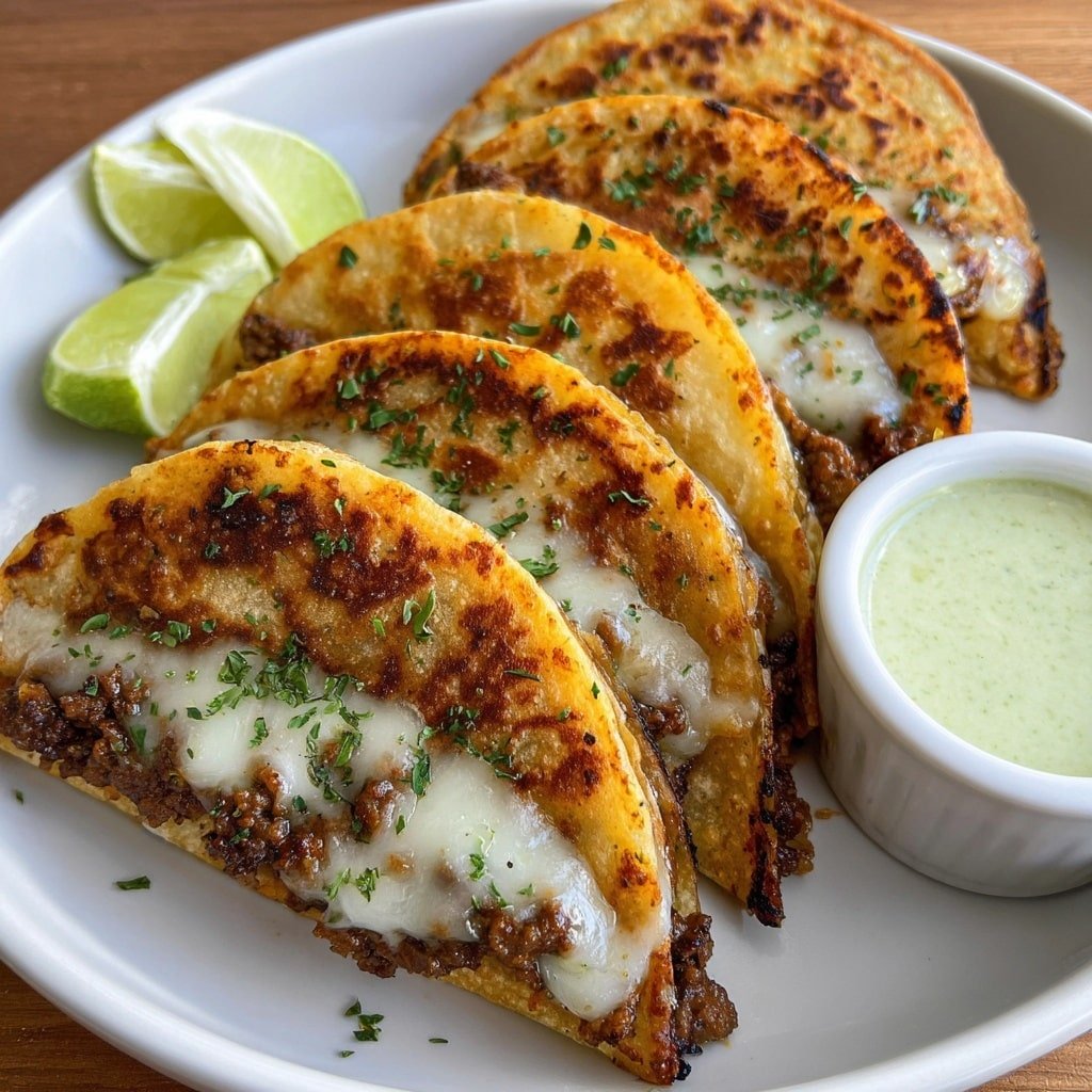 Three folded tacos are arranged side by side on a white plate, each taco showing a thick middle layer of browned meat with melted white cheese oozing from the edges. The outer layer is a golden brown crispy tortilla with light charring and sprinkled green herbs on top. On one side of the plate, two lime wedges rest near a small white bowl filled with a creamy green sauce. The plate is placed on a wooden surface. photo taken with an iphone --ar 1:1 --v 7 — Crispy Ground Beef Tacos, easy taco recipes, flavorful ground beef tacos, homemade taco dinner, crispy taco shells