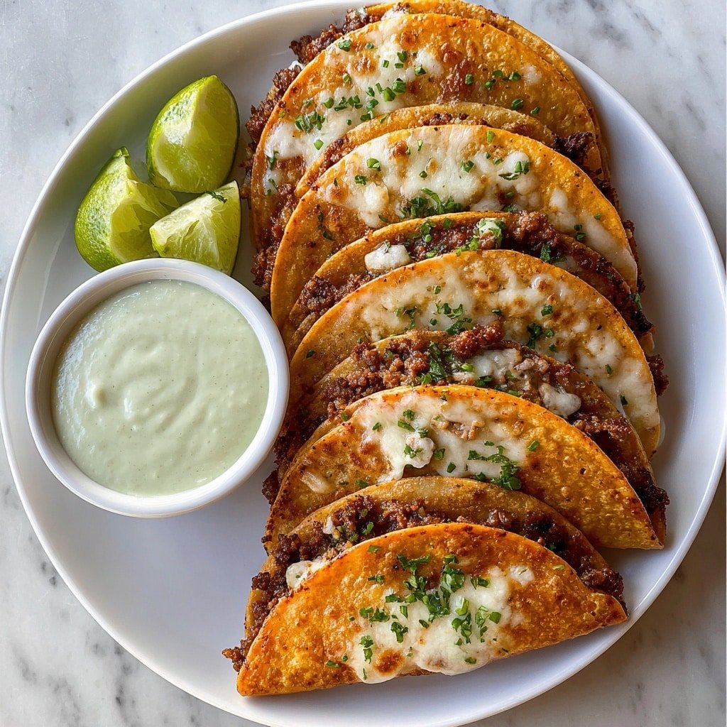 A white plate holds four folded tacos arranged in a row. Each taco has a golden-brown, slightly crispy shell with browned spots, filled with dark brown cooked meat and melted white cheese, sprinkled with small green herb pieces on top. To the side of the tacos, there is a small white bowl filled with a creamy, light green sauce with visible herb specks. Around the bowl, there are several lime wedges with a bright green rind and pale green inside. The plate sits on a white marbled surface. photo taken with an iphone --ar 1:1 --v 7 — Crispy Ground Beef Tacos, easy taco recipes, flavorful ground beef tacos, homemade taco dinner, crispy taco shells