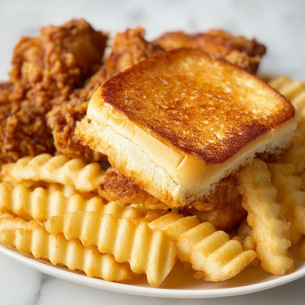 A golden brown toasted bun sits in the center of the image, showing a slightly crispy texture with even browning on top and slight softness on the sides. Underneath the bun, crinkle-cut fries are spread out, pale yellow with some light golden edges, showing a slightly crispy texture. To the left and partially covered by the bun, there are pieces of fried chicken with a thick, crunchy, and craggy golden coating. The entire dish is presented on a white plate, which rests on a white marbled surface. photo taken with an iphone --ar 1:1 --v 7 — Garlic Butter Seared BBQ Sesame Bread, easy bread recipes, flavorful bread recipes, quick bread ideas, sesame bread with garlic butter