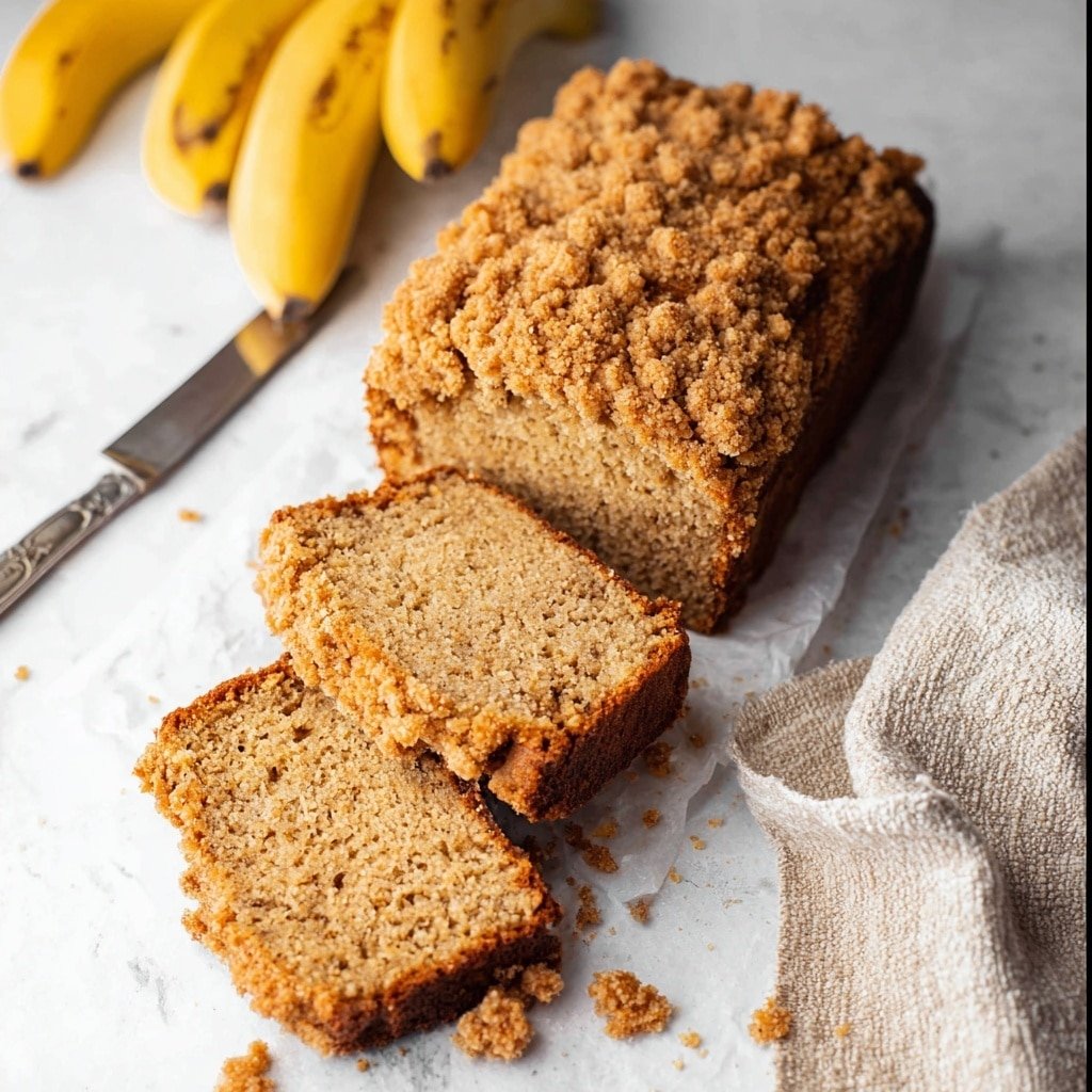The image shows a loaf of crumbly banana bread resting on a white marbled surface with parchment paper underneath. The loaf has a golden brown crumbly topping, and three slices lie next to it, revealing a moist, light brown interior filled with tiny air holes. There are banana fruits with yellow skin and brown spots beside the bread. An antique silver knife and a textured beige cloth napkin are also visible in the frame. Crumbs are scattered around the bread pieces, creating a casual and inviting scene. Photo taken with an iphone --ar 1:1 --v 7 — Whole Wheat Banana Cinnamon Bread, healthy banana bread with cinnamon, moist whole wheat banana loaf, easy banana cinnamon bread recipe, wholesome banana bread