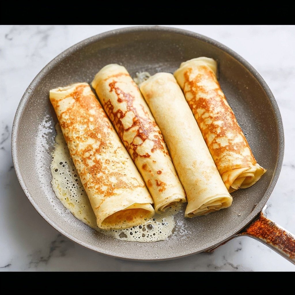 Four rolled crepes are in a grey frying pan placed on a white marbled surface. Three crepes have golden brown spots, showing they are lightly cooked and ready, while one crepe remains pale and uncooked. The crepes are smooth with small air holes visible on the surface. The pan has some melted butter bubbling around the crepes, giving a shiny texture. The pan handle is rust-colored and lies to the right side of the image. photo taken with an iphone --ar 1:1 --v 7 — Cheese Blintzes with Berry Sauce, how to make cheese blintzes, homemade berry sauce for blintzes, easy blintz recipes, breakfast blintzes with fruit sauce