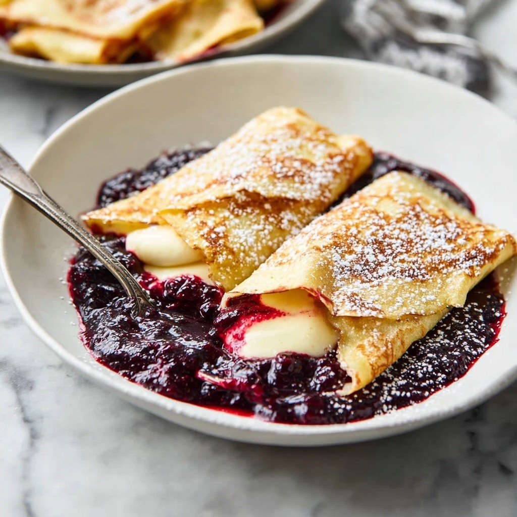 The image shows three golden-brown rolled crepes stacked side by side in a shallow white bowl, with a fork resting on the right side. Each crepe has a smooth texture with slightly browned spots and is lightly dusted with powdered sugar. Underneath and around the crepes, there is a dark purple berry sauce with visible whole berries that add a shiny, juicy look. The bowl is placed on a white marbled surface, with a blurred white bowl containing similar crepes in the background. Photo taken with an iphone --ar 1:1 --v 7 — Cheese Blintzes with Berry Sauce, how to make cheese blintzes, homemade berry sauce for blintzes, easy blintz recipes, breakfast blintzes with fruit sauce