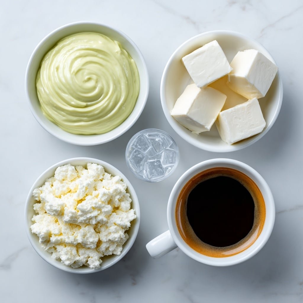 Flat lay of a small white ceramic bowl of smooth pistachio cream, a small white ceramic bowl filled with cold milk, a small white ceramic bowl containing clear ice cubes, and one dark espresso shot in a simple white ceramic cup, arranged symmetrically with balanced spacing, all ingredients looking fresh and natural, placed on a clean white marble surface, soft natural light, photo taken with an iPhone, professional food photography style, fresh ingredients, white ceramic bowls, no bottles, no duplicates, no utensils, no packaging --ar 1:1 --v 7 --p m7354639359234015250 — Iced Pistachio Latte, pistachio coffee drink, chilled coffee with pistachios, easy iced latte recipe, creamy pistachio coffee