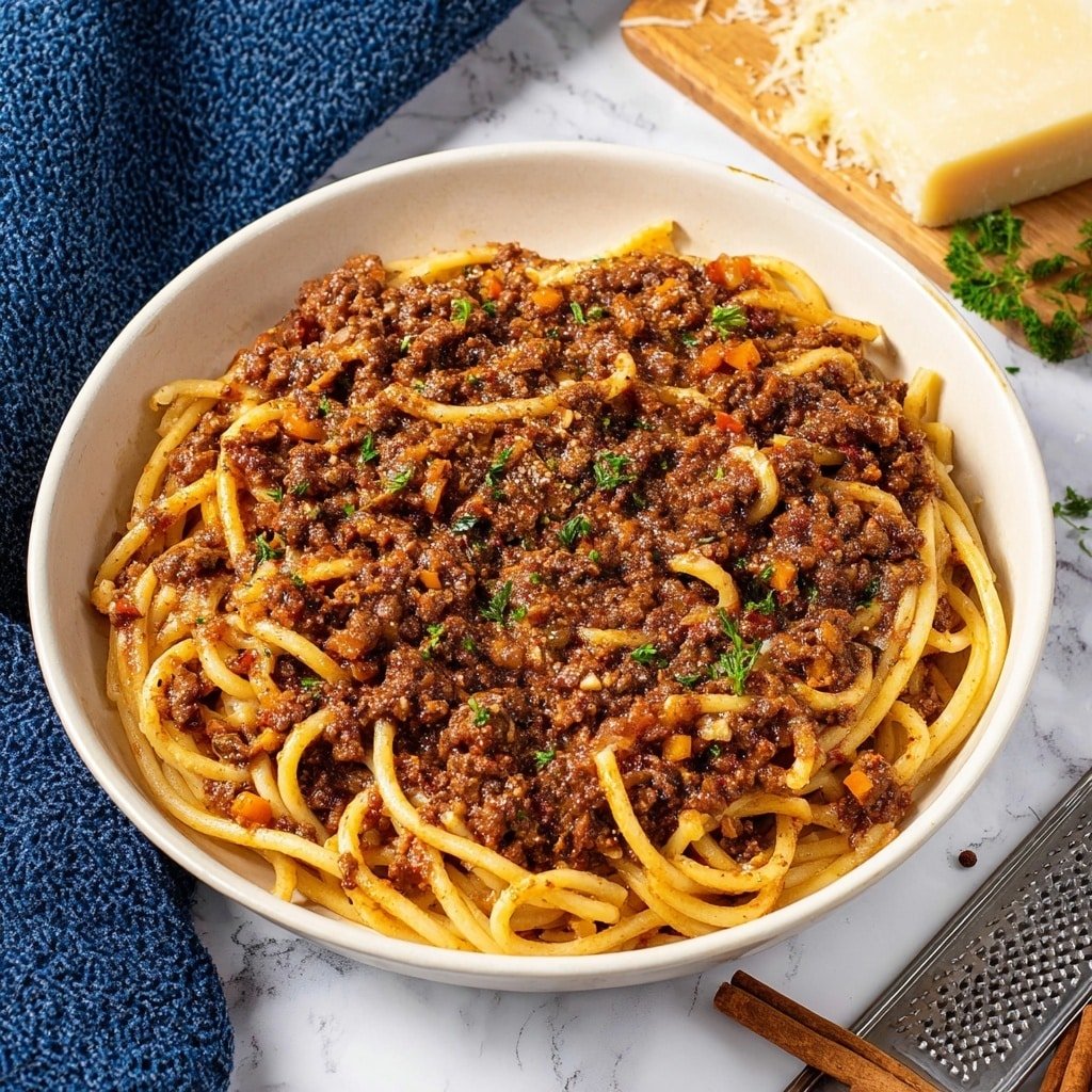 A white shallow bowl filled with thick spaghetti noodles as the bottom layer, pale yellow and smooth in texture, generously topped with a rich, thick brown meat sauce mixed with small bits of onions and tomatoes scattered throughout, garnished with small green parsley leaves and a light sprinkling of grated cheese. The bowl is set on a white marbled surface, with cinnamon sticks, cloves, and a bunch of fresh parsley nearby, adding a rustic touch. Photo taken with an iphone --ar 1:1 --v 7 — Greek Meat Sauce with Bucatini, Greek-inspired meat sauce, hearty Greek pasta, Mediterranean meat sauce, flavorful Greek pasta dish