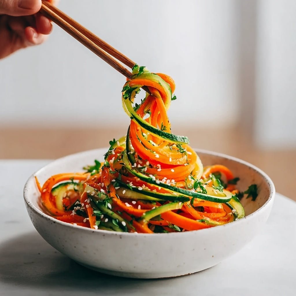 A white bowl sits on a white marbled surface filled with thin, spiral strips of orange carrot and green cucumber, mixed evenly and topped with small white sesame seeds and chopped green herbs. A woman's hand is using wooden chopsticks to lift a twirl of the colorful vegetable ribbons from the bowl, showing the fresh texture and bright colors. The background is softly blurred, highlighting the vibrant salad in the foreground photo taken with an iphone --ar 1:1 --v 7 — Crunchy Cucumber Carrot Salad, healthy cucumber carrot salad, easy vegetable salad, quick summer salad, fresh vegetable side dish