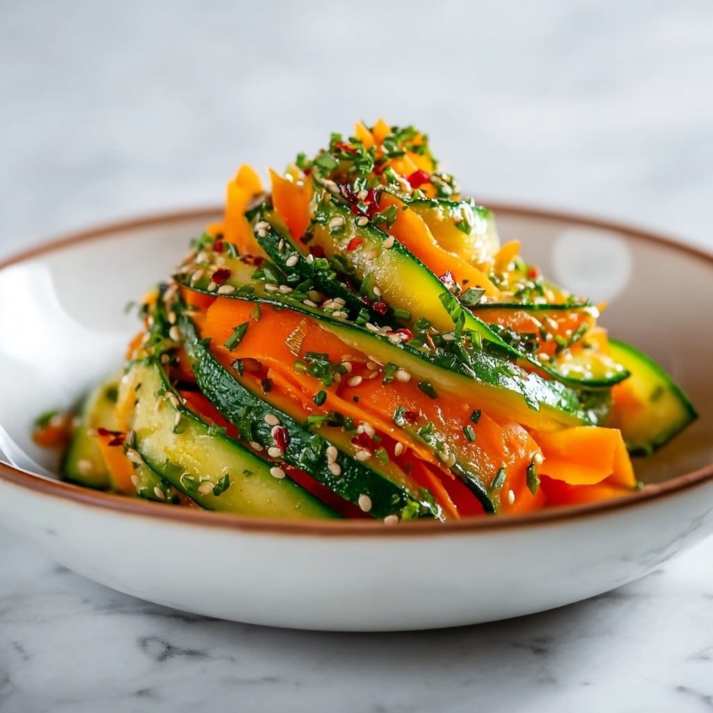 A white bowl holds a colorful salad made of thin, curled green cucumber ribbons and bright orange carrot ribbons mixed together in a small mound. The cucumber ribbons have a glossy, fresh texture, while the carrot ribbons are smooth and slightly stiff. The salad is sprinkled with white sesame seeds, small pieces of dried red chili flakes, and finely chopped green herbs, creating a vibrant mix of colors and textures on top. The background shows a soft focus with a white marbled surface underneath the bowl. Photo taken with an iphone --ar 1:1 --v 7 — Crunchy Cucumber Carrot Salad, healthy cucumber carrot salad, easy vegetable salad, quick summer salad, fresh vegetable side dish