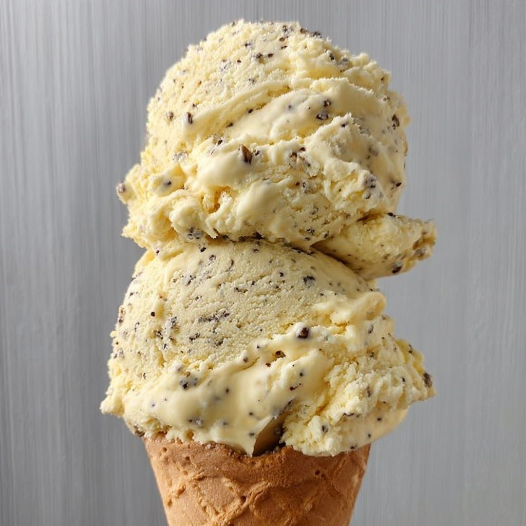 The image shows an ice cream cone held upright with two scoops of pale yellow ice cream stacked on top of each other. The ice cream has small dark specks mixed throughout, giving it a textured look. The cone is a light beige waffle type with a crisp, grid pattern. The background is a simple vertical light gray paneling. photo taken with an iphone --ar 1:1 --v 7 — Lemon Poppyseed Ice Cream, lemon ice cream with poppyseeds, homemade lemon poppyseed dessert, lemon zest ice cream recipe, refreshing summer lemon ice cream