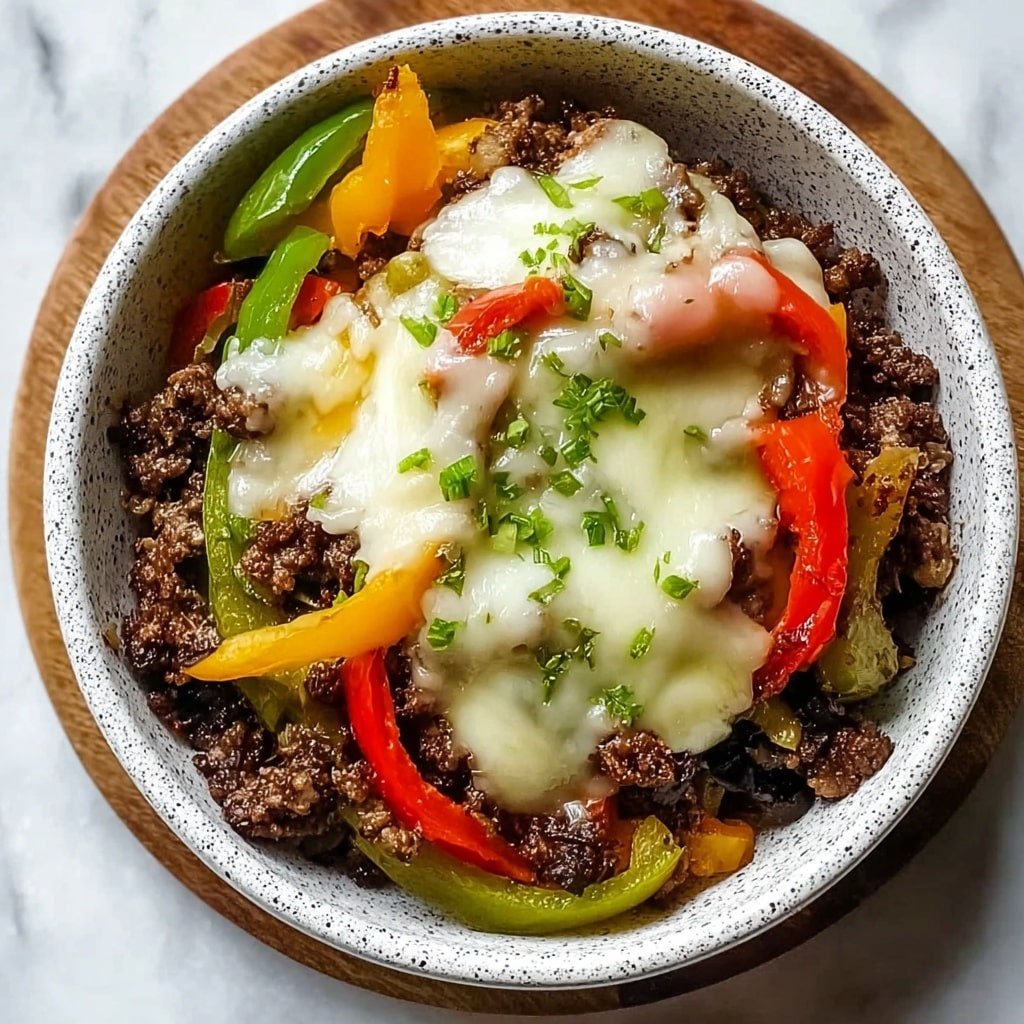 The image shows a white bowl filled with three main layers. The bottom layer is a bed of rice, soft and white. On top of the rice, there are pieces of cooked ground beef mixed with colorful sliced bell peppers in green, red, and yellow, giving a fresh and bright look. The top layer is melted white cheese that covers the meat and peppers, with small green parsley leaves sprinkled on it. The bowl is placed on a white marbled surface. photo taken with an iphone --ar 1:1 --v 7 — Low Carb Philly Cheesesteak Bowls, Philly Cheesesteak Bowl, keto Cheesesteak bowl, healthy Philly cheesesteak, low carb sandwich alternative