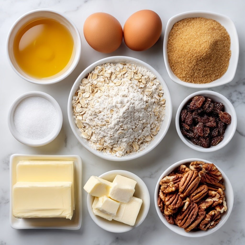 Flat lay of a small mound of old fashioned oats, a neat pile of brown sugar, a slightly smaller pile of white sugar, a small white ceramic bowl filled with golden pure maple syrup, two whole brown eggs with clean shells, a small white bowl of vanilla extract, two sticks of unsalted butter softened with a smooth surface, a small pile of all-purpose flour, a tiny heap of ground cinnamon, a small pile of baking soda powder, a small white bowl containing rough chopped dried cherries, a small white bowl holding rough chopped pecans, and a tiny heap of fine salt, all arranged symmetrically on a clean white marble surface, soft natural light, photo taken with an iPhone, professional food photography style, fresh ingredients, white ceramic bowls, no bottles, no duplicates, no utensils, no packaging --ar 1:1 --v 7 --p m7354639359234015250 — Cherry Pecan Oatmeal Cookies, Cherry Pecan Cookies, Oatmeal Cookie Recipe, Homemade Cherry Cookies, Pecan Cookies with Cherry
