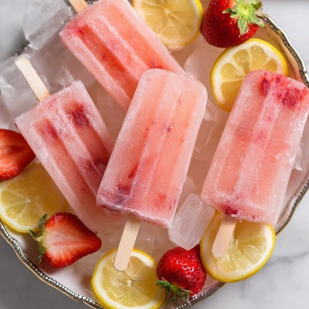The image shows six strawberry and lemon popsicles lying on ice cubes in a white plate with a silver edge. Each popsicle is light pink with small pieces of red strawberries inside, making them look fresh and colorful. The white plate is on a white marbled surface, and around the plate are whole red strawberries, some lemon slices showing their yellow inside, and a few ice cubes. In the background, there is a white container full of strawberries and a blurred glass jug with lemonade. The scene feels fresh and cool, perfect for summer. photo taken with an iphone --ar 1:1 --v 7 — Refreshing Strawberry Lemonade Popsicles, strawberry lemonade popsicles, homemade popsicles with strawberries and lemonade, summer fruit popsicles, easy popsicle recipes