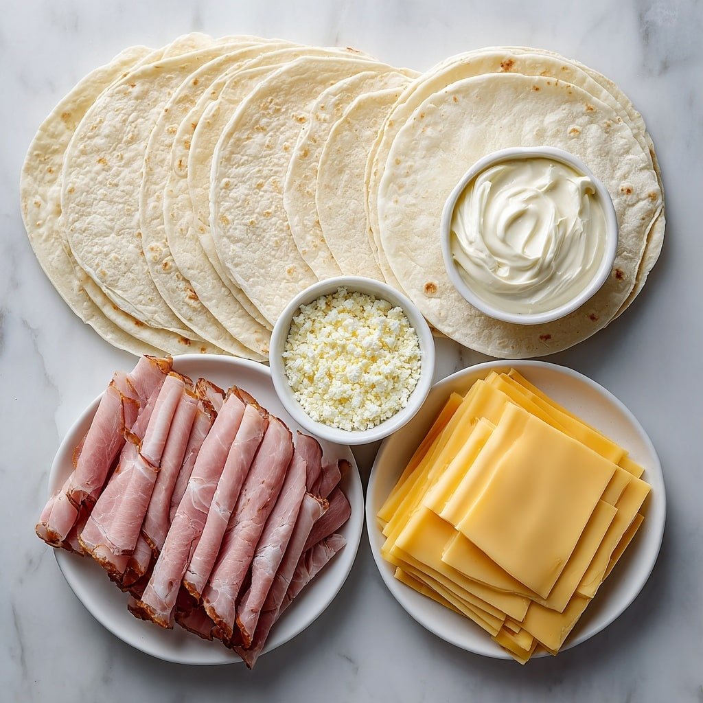Flat lay of five large plain white flour tortillas arranged flat, a small white bowl filled with creamy softened cream cheese, a small white bowl with smooth mayonnaise, a small white bowl containing fine dry ranch dressing powder, thinly sliced pink deli ham neatly stacked in a fan shape, thin slices of pale yellow and orange marbled cheese arranged in a layered stack, all ingredients symmetrically placed on simple white ceramic dishes, placed on a clean white marble surface, soft natural light, photo taken with an iPhone, professional food photography style, fresh ingredients, white ceramic bowls, no bottles, no duplicates, no utensils, no packaging --ar 1:1 --v 7 --p m7354639359234015250 — Ham and Cheese Ranch Tortilla Pinwheels, savory finger foods, easy party appetizers, ham and cheese roll-ups, ranch flavored snacks